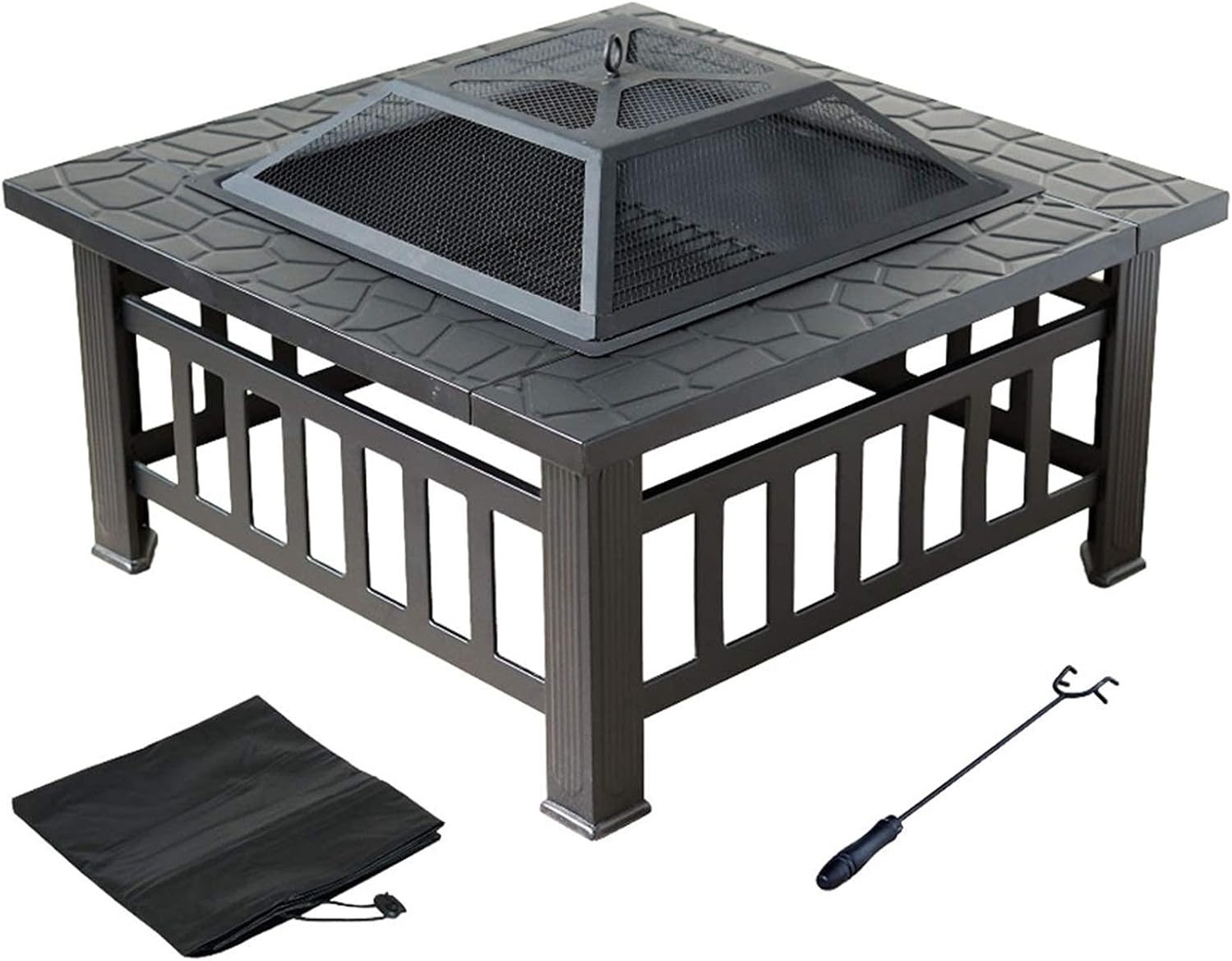 Fire Pit with BBQ Grill Shelf,Outdoor Metal Brazier Square Table Garden Patio Heater/BBQ/Ice Pit with Waterproof Cover
