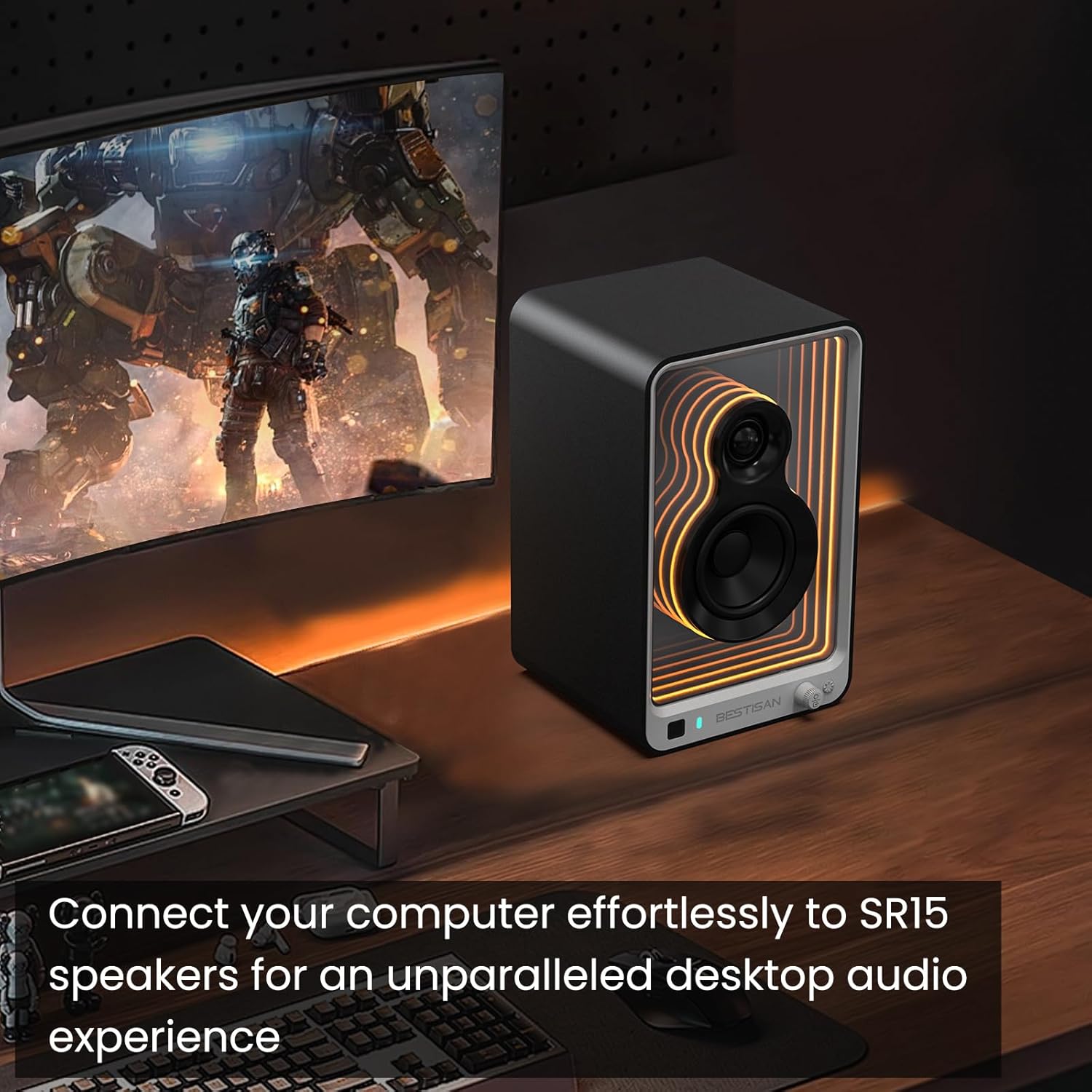 BESTISAN SR15 Bluetooth Bookshelf Speakers, Active Stereo Speakers for TV/Record Player with Subwoofer Out and Light Effects, Turntable Speakers with Optical/ARC/RCA Inputs for PC and TVs