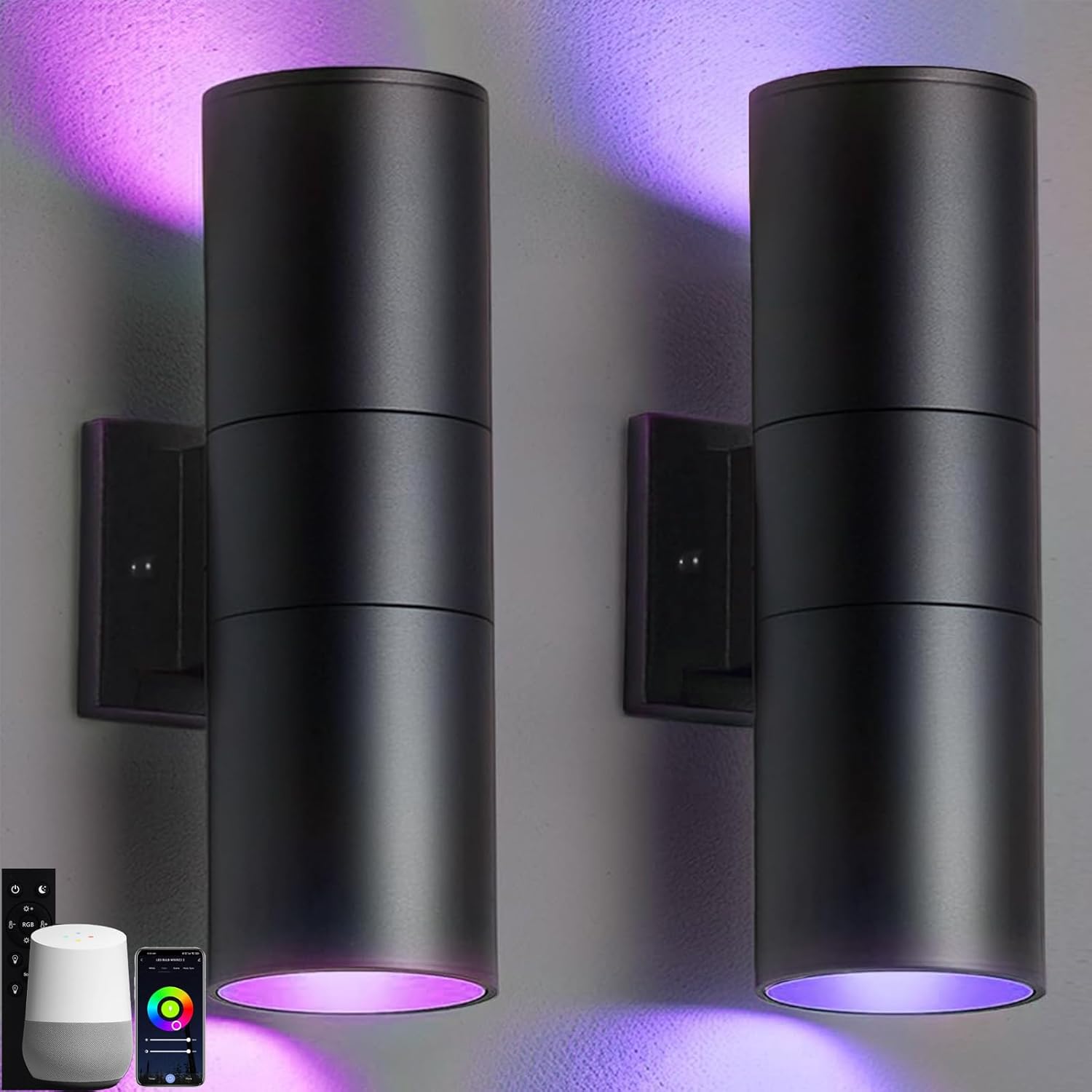 wowlite RGB Up Down Outdoor Wall Lights 2 Pack, 1200LM Smart Cylinder Outdoor Lights for House, Color Changing Exterior Lighting Fixtures APP Control Works with Alexa, IP65 Waterproof Porch Light