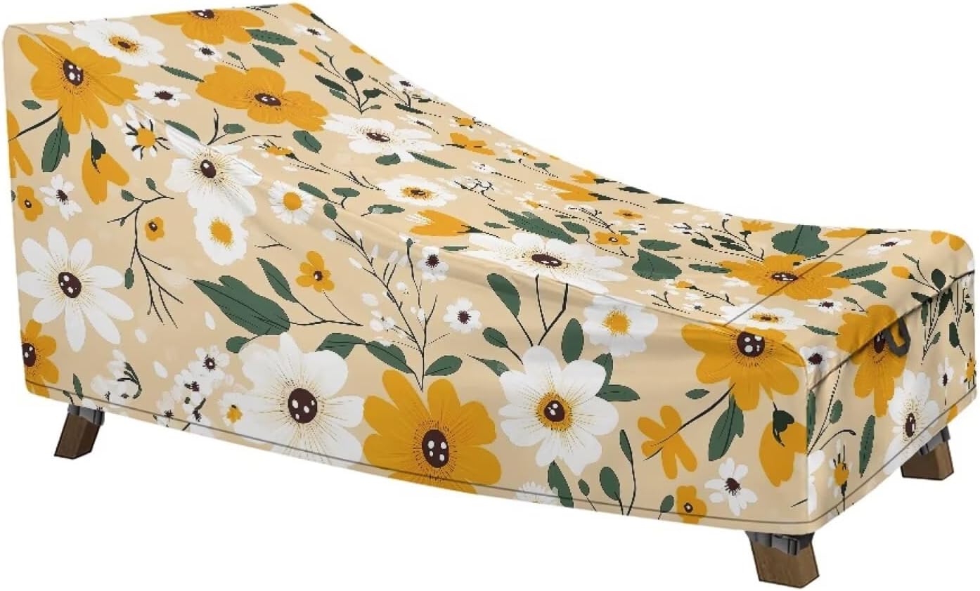 Yellow White Flowe Print Patio Chaise Lounge Decor Cover, Heavy Duty Water Resistant Cover for Outdoor Pool Lawn Lounge Chair with Air Vent 1 Pcs, 81.1