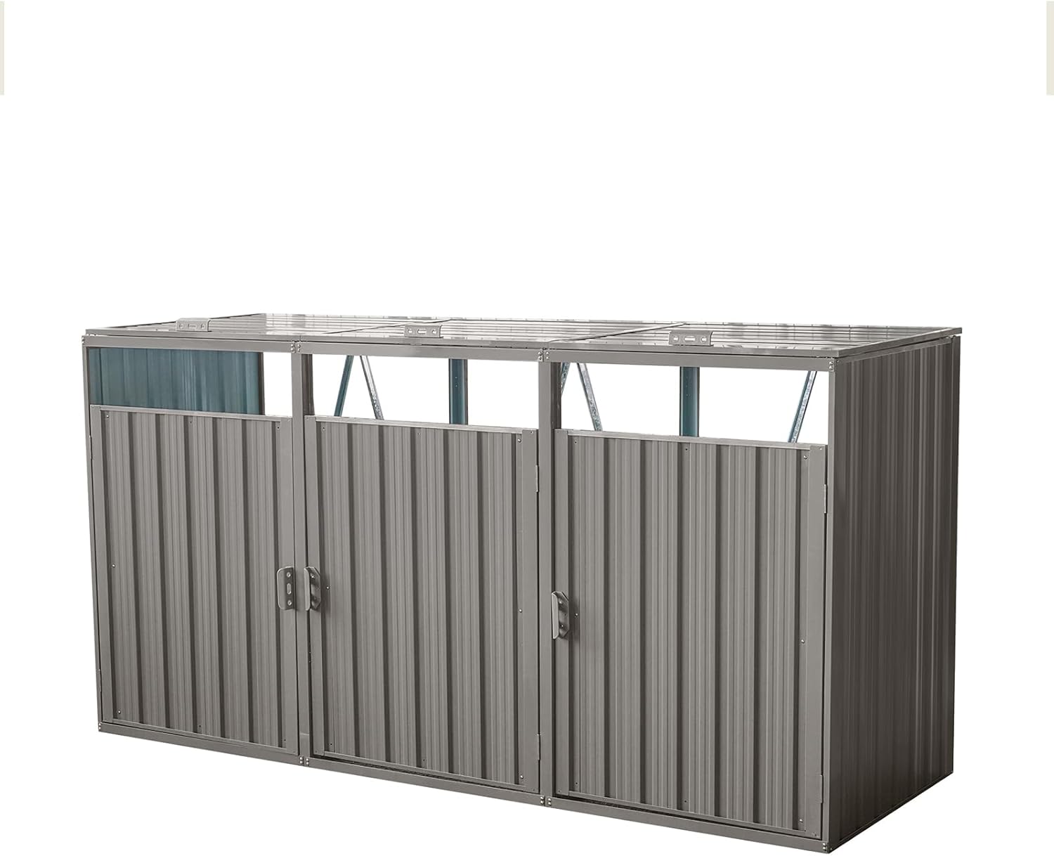 Outdoor Trash Can Storage Shed for 3 Trash Bins, Metal Garbage Can Storage Shed, Outdoor Garbage Can Organizer Waterproof Garbage Bin Storage Shed for Garden Backyard, Grey