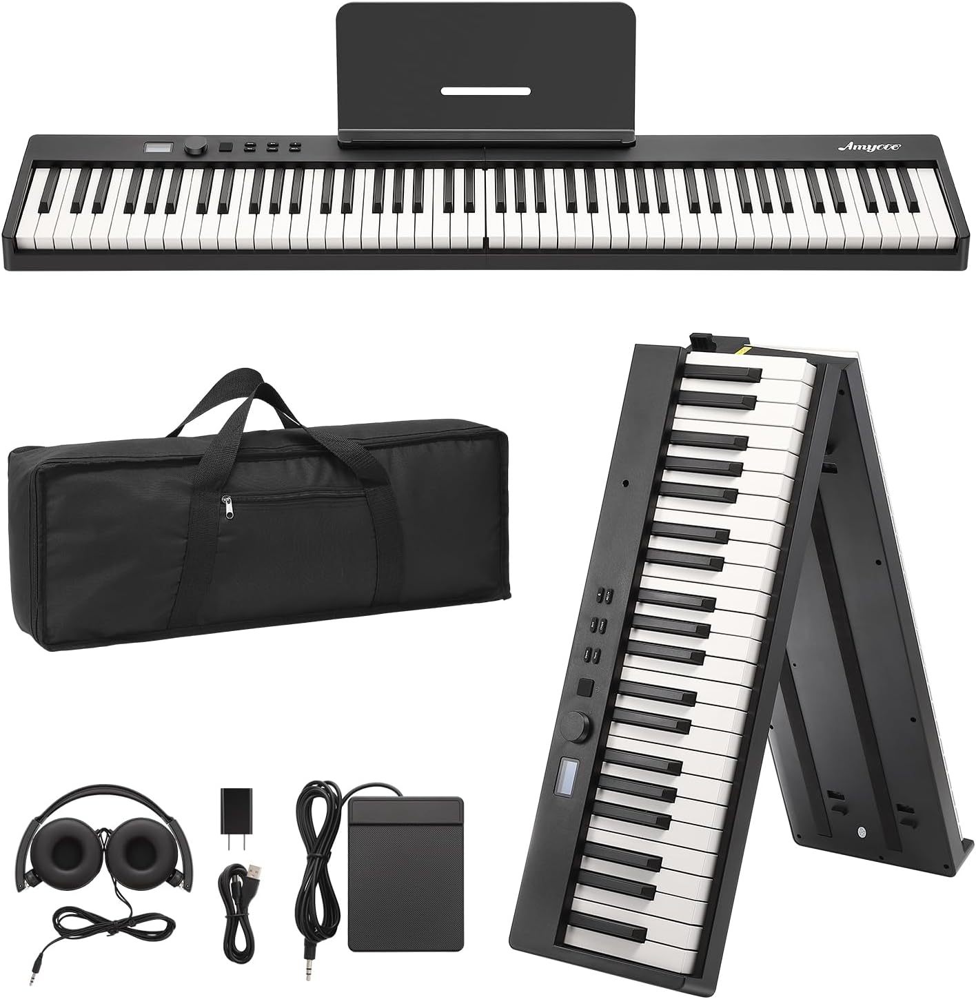 88-Key Portable Foldable Electronic Piano - Touch Sensitive Keyboard, 128 Tones, MIDI Support, Comprehensive Starter Package with Headphones & Carrying Bag