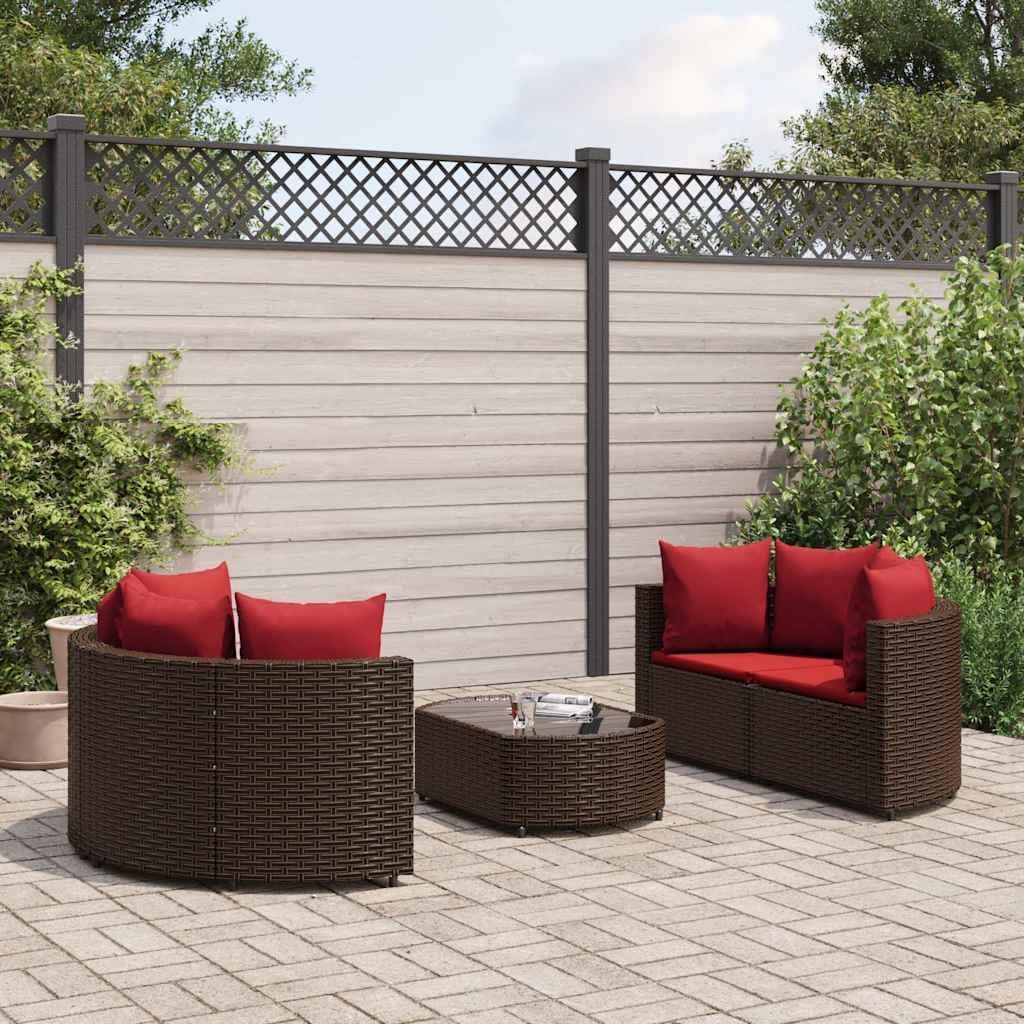 5 Piece Patio Sofa Set, Brown PE Rattan Outdoor Furniture with Cushions, Tempered Glass Coffee Table for Balcony Garden, Weather-Resistant
