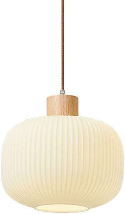 Indoor & Outdoor White Pendant Light Fixture Lantern 11.8in Wood Lamp Head Hanging Ceiling Lamp Latern Striped Look Glass Shade Adjustable Cord Moisture and Rust Resistant Chandelier