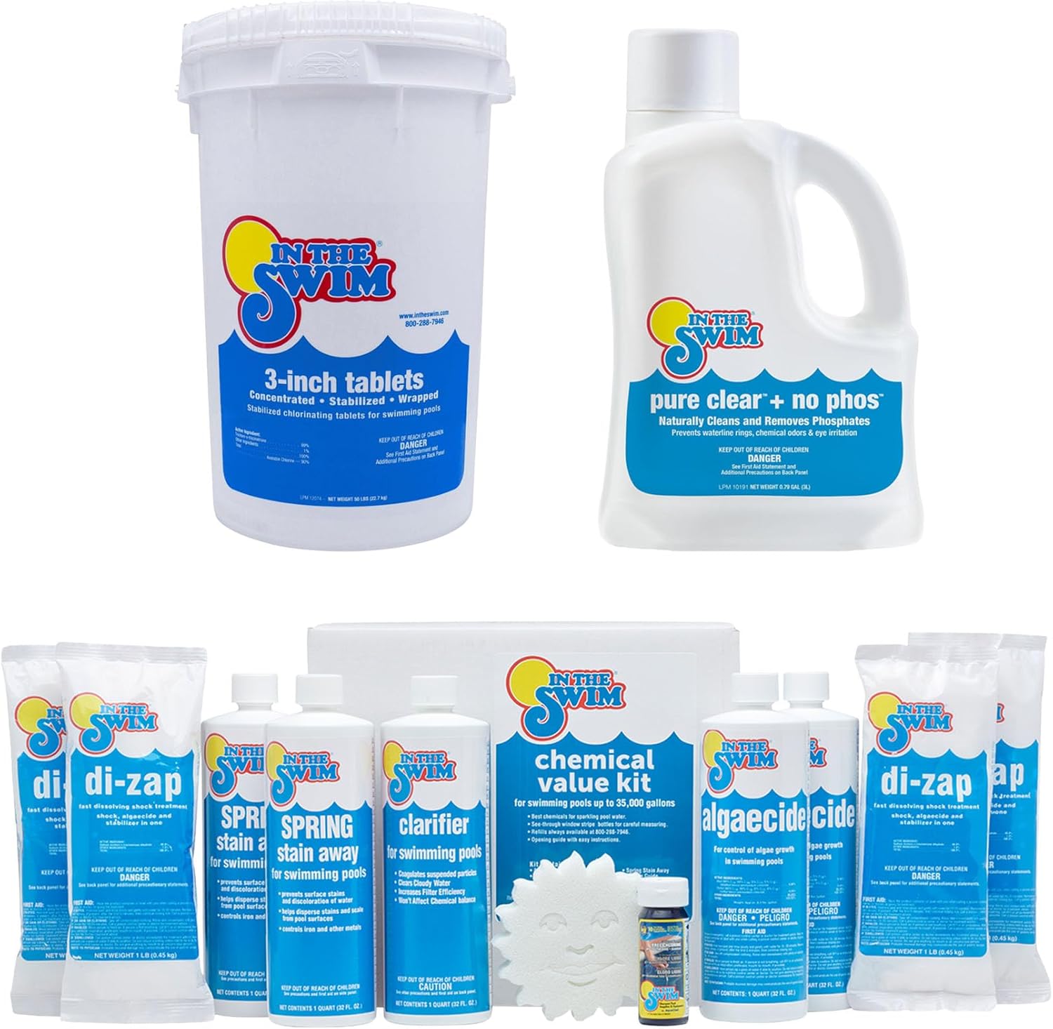 In The Swim Ultimate Chemical Value Kit and Chlorine Bundle - Pre-Measured Kit for Seasonal Maintenance - 50lb Bucket 3-Inch Chlorine Tablets - Inground and Above Ground Pools Up to 35K Gallons