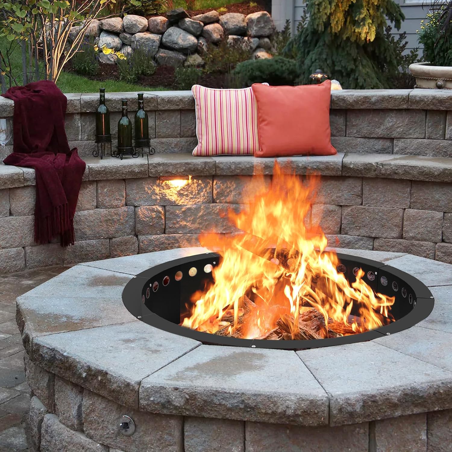 39 inch Fire Pit Ring,Heavy Duty Metal Smokeless Permanent Large Round Insert Firepit for Outdoor Fire Liner Wood Burning Heavy