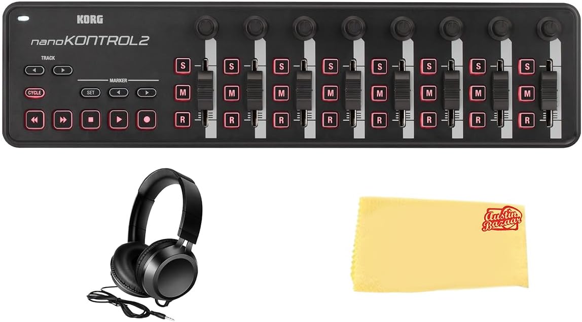 Korg nanoKONTROL2 Slim-Line USB Control Surface Bundle with Headphones and Polishing Cloth - Black