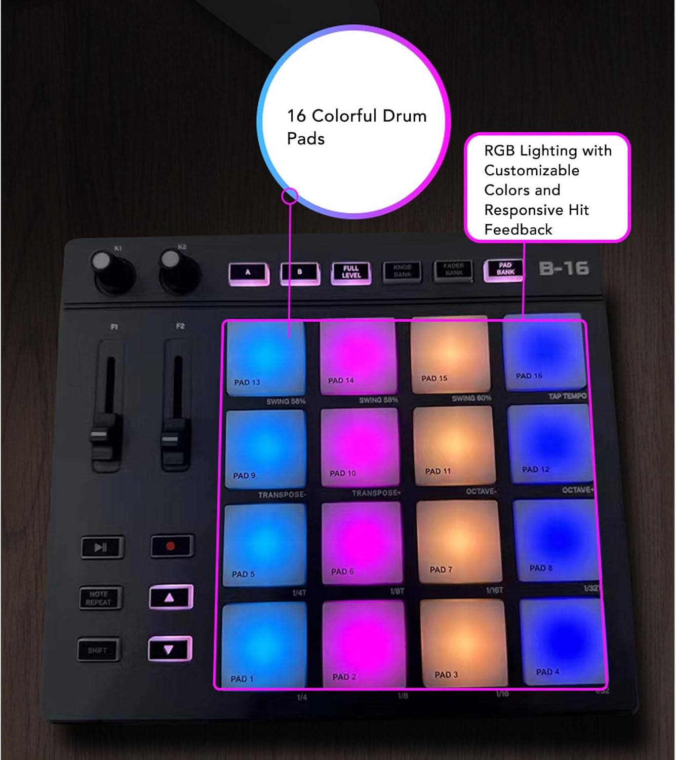 MIDI Pad Controller - Portable MIDI Drum Pad Controller with 16 RGB Backlit Beat Pad, 2 Assignable Fader, 2 Adjustable Knobs, USB MIDI Beat Maker Machine for Music Production