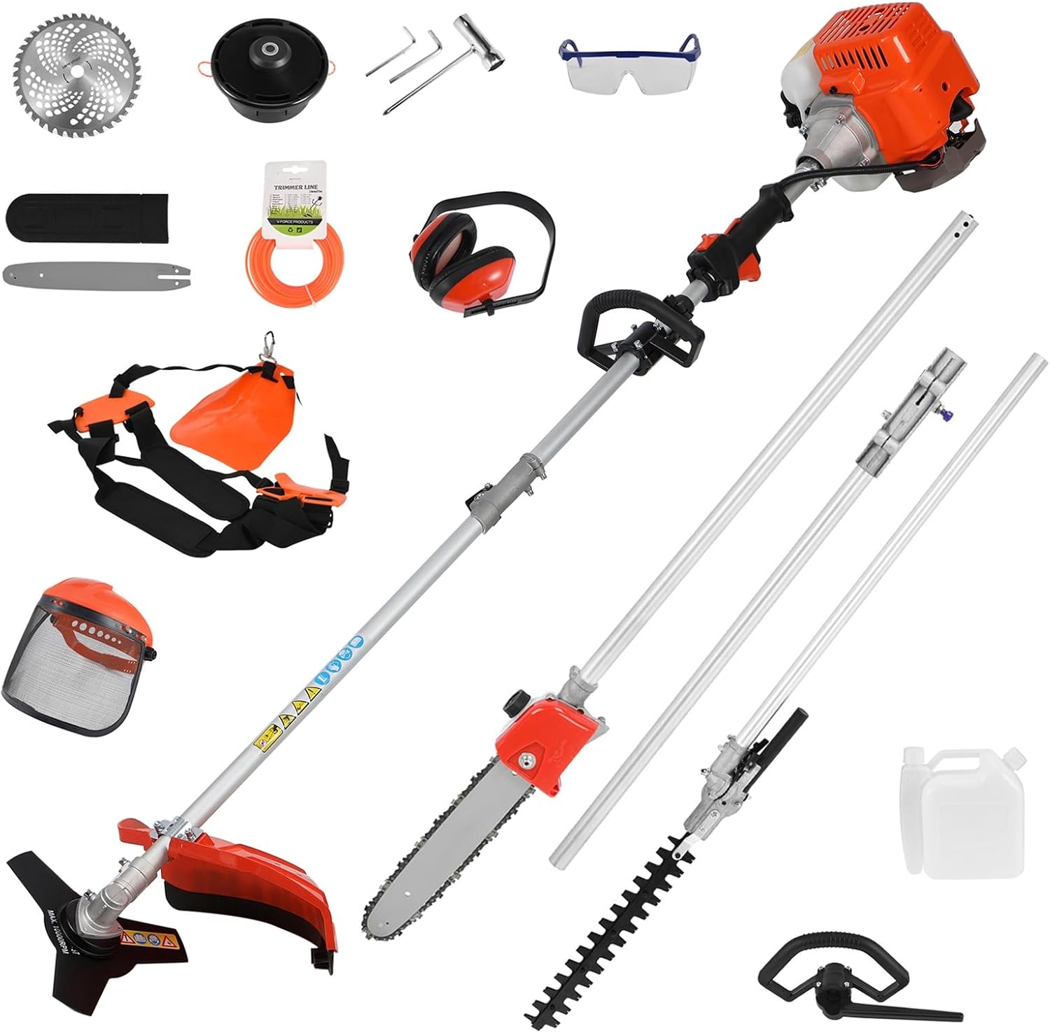 2025 New 6 in 1 52cc 2-Stroke Multi-Functional Lawn Mower | Weed Eater Gas Powered Lawn Mower Hedge Trimmer Pruners Gas Powered Brush Cutter|Handheld Chainsaw Hedge Pruner Red|Fast Arrival Orange