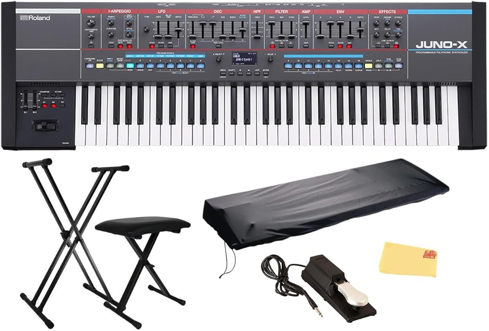Roland Juno X Synthesizer Bundle with Adjustable Stand, Bench, Cover, Sustain Pedal, Online Piano Classes, and Austin Bazaar Polishing Cloth