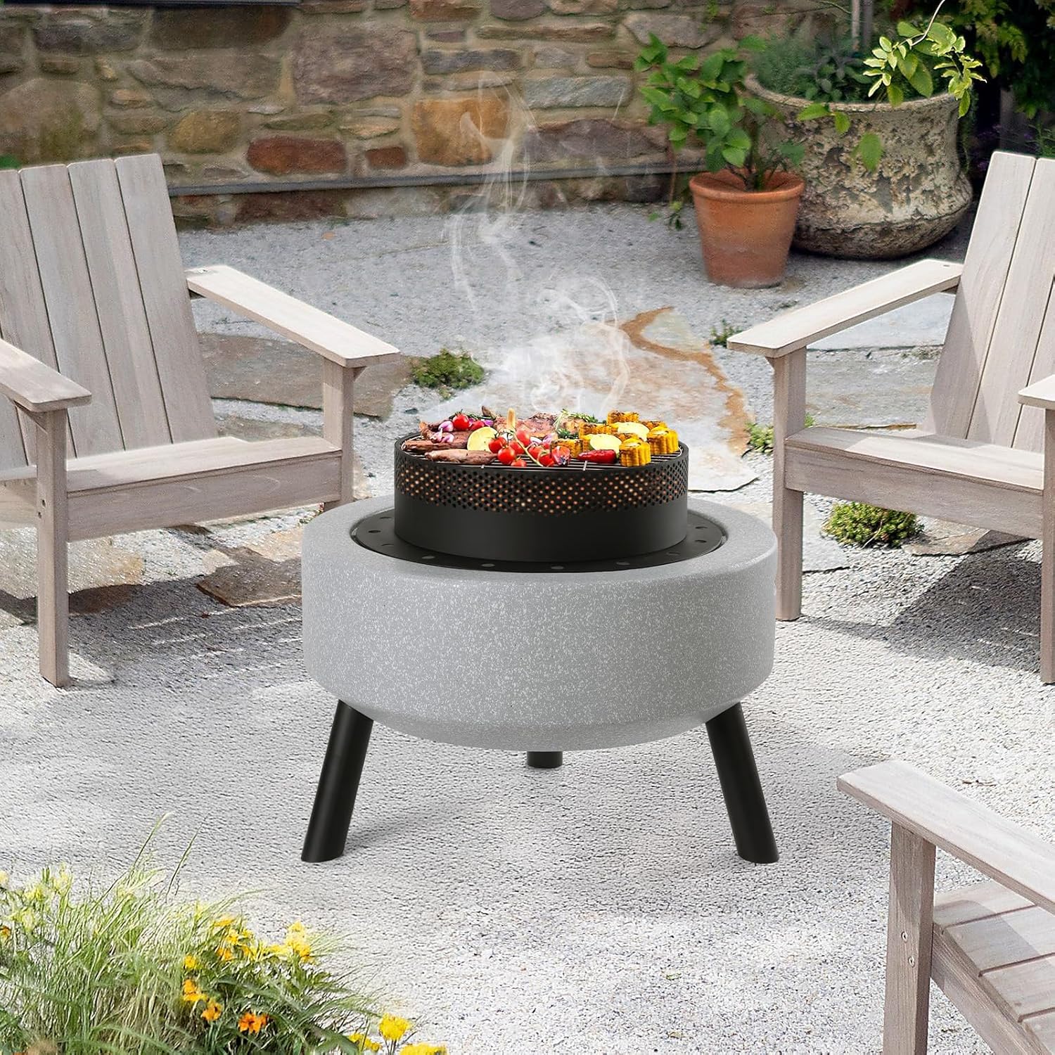 Outdoor Round Fire Pit 25” Faux Concrete Burning Firepit Portable Tripod Charcoal Grill for Patio Garden Backyard Barbecue, with Spark Screen, Firebowl, Poker, Stainless Steel Rack
