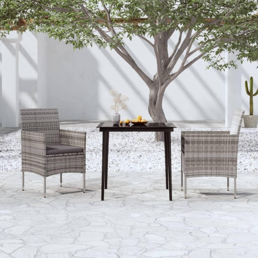 Garden Dining Set Gray and Black PE Rattan, Medium Square Outdoor Table and Chairs, Durable Patio Furniture Set for Balcony, 2 Person Seating