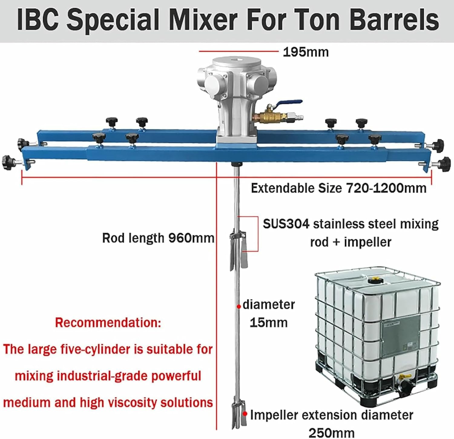Pneumatic Paint Mixer for IBC Drum - 1HP Air Agitator Stirring Machine for 265 Gallon IBC, Suitable for Viscosity Less Than 7000CP*