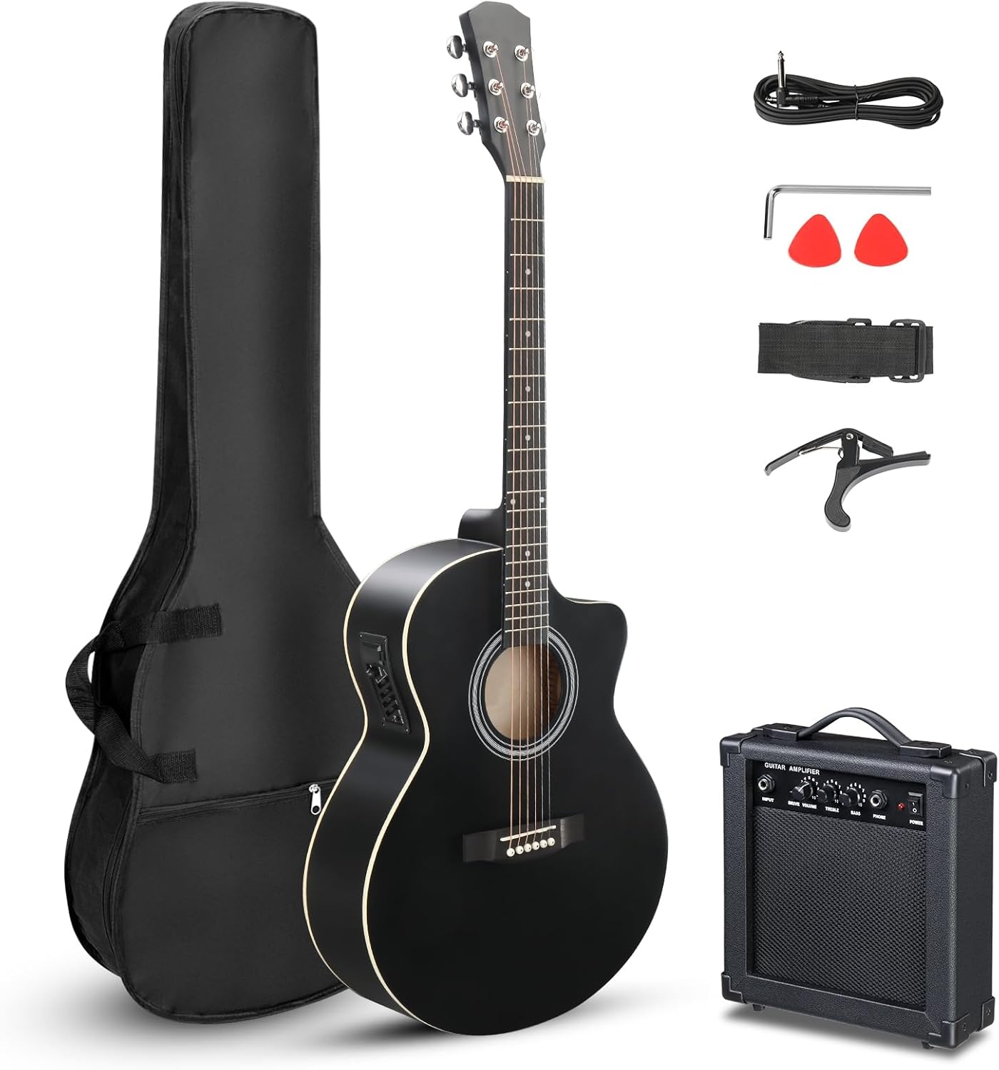 Ktaxon Full-Size Cutaway Acoustic Electric Guitar, 41 Inch Basswood Body Beginner Guitars Kit with 15W Amp, Extra Strings & Capo Includes All Accessories (Black)