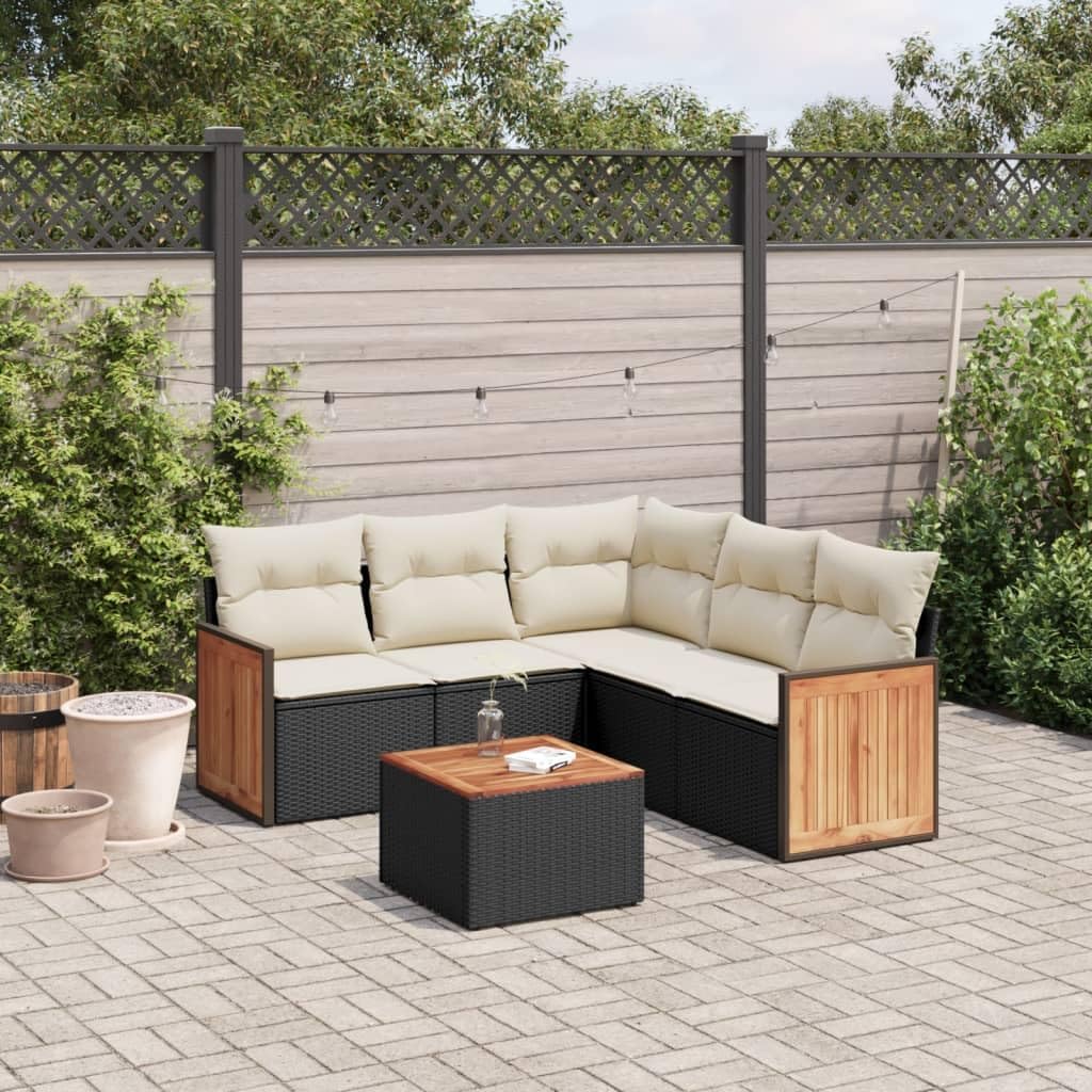 Garden Sofa Set Black Poly Rattan, Large Outdoor Sectional Seating for 6, Modular Patio Furniture with Adjustable Feet, Weatherproof Cushions