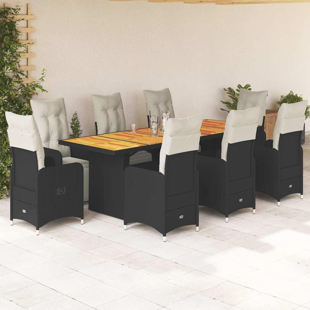 Black Poly Rattan 8-Seater Bistro Set, Reclining Garden Chairs, Adjustable Footrests, Acacia Wood Table, Outdoor Patio Dining Furniture