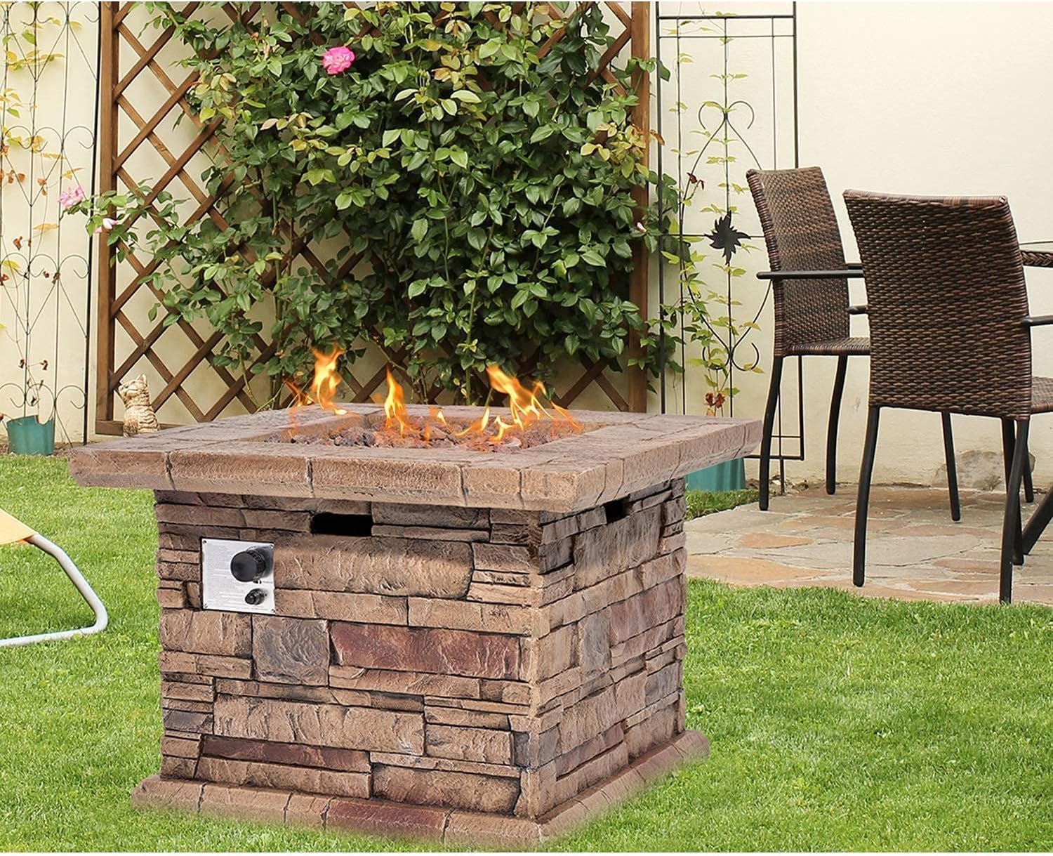 HOMPUS Outdoor Propane Fire Pit Table 32-inch Imitation Stone Square Concrete Propane Fire Pit with Lava Rocks and Rain Cover 50,000 BTU Gas Smokeless Fire Pits for Outside Patio,Garden, CSA Certified