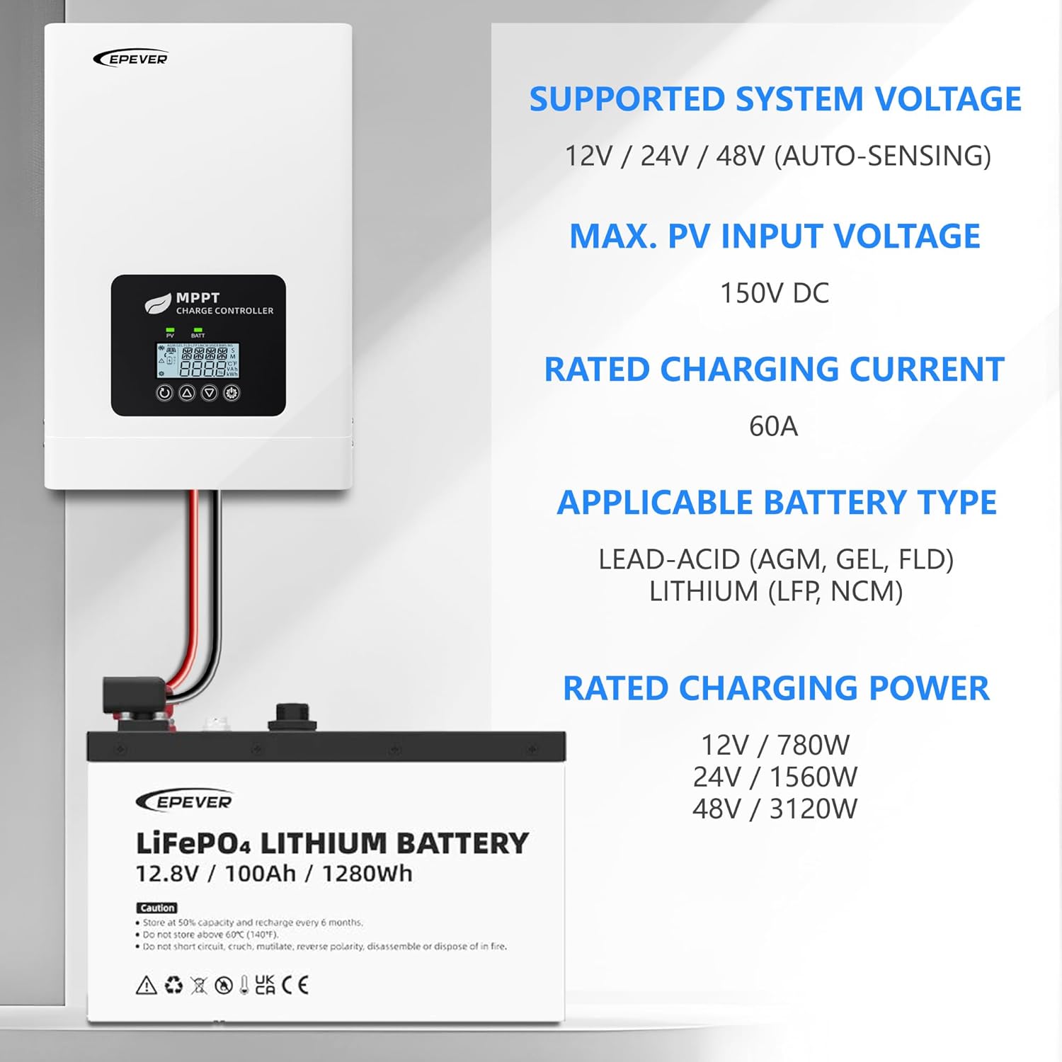 Epever 60A Mppt Solar Charge Controller PV 150V TEP Series 12v/24v/48v Battery System Compatible.