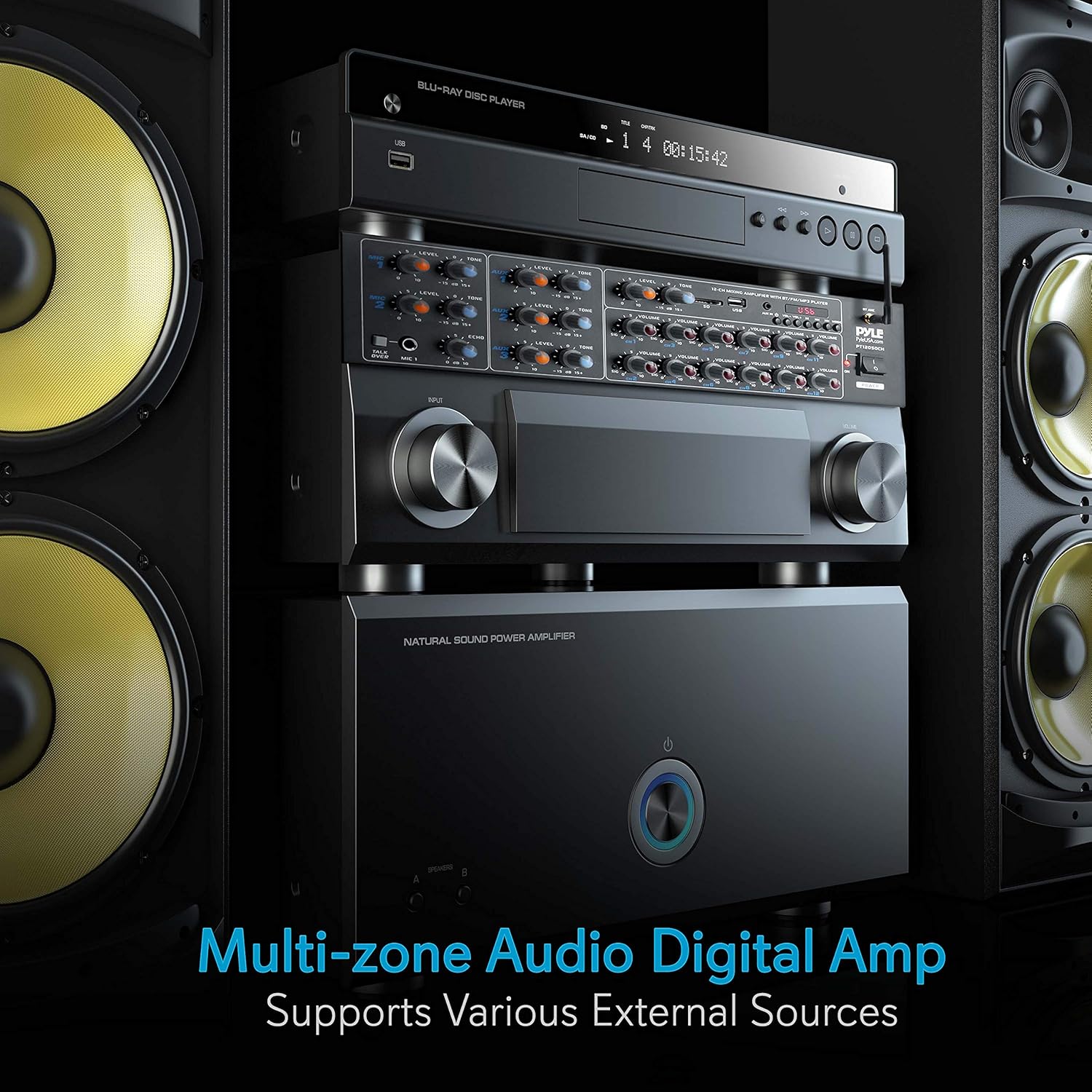 Pyle 12-Channel Wireless Bluetooth Power Amplifier - 6000 Watts Maximum Power Output, Multi-Zone Audio Source Mixer Receiver with USB, SD, AUX Inputs, and Digital LED Display Panel - PT12050CH.5