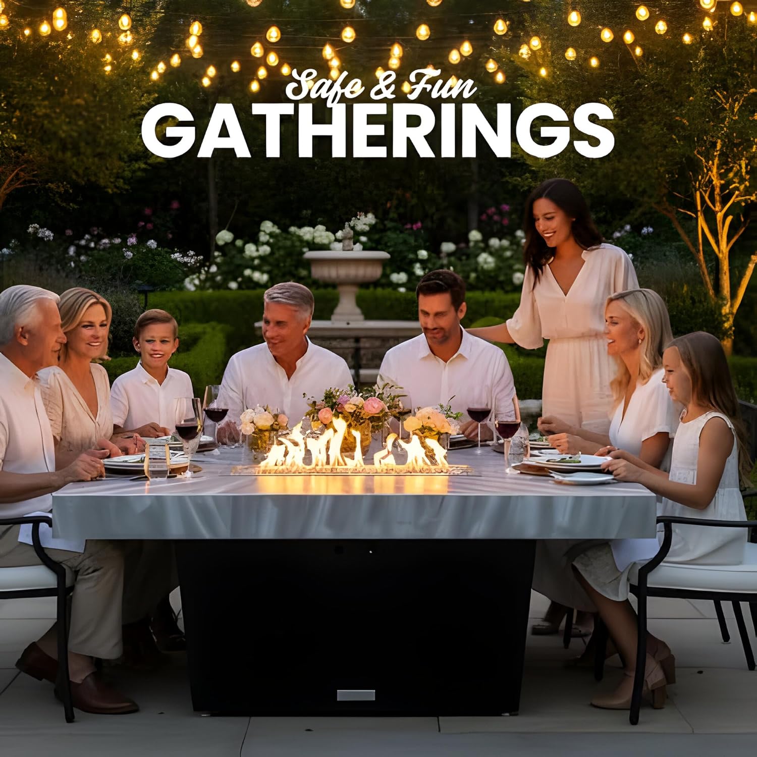 COOKE Palisades Rectangular Fire Pit Table - 52x36 - Chat Height - Propane - Brushed Aluminum Powdercoat Top with 6cm Edge - Black Powdercoat Base