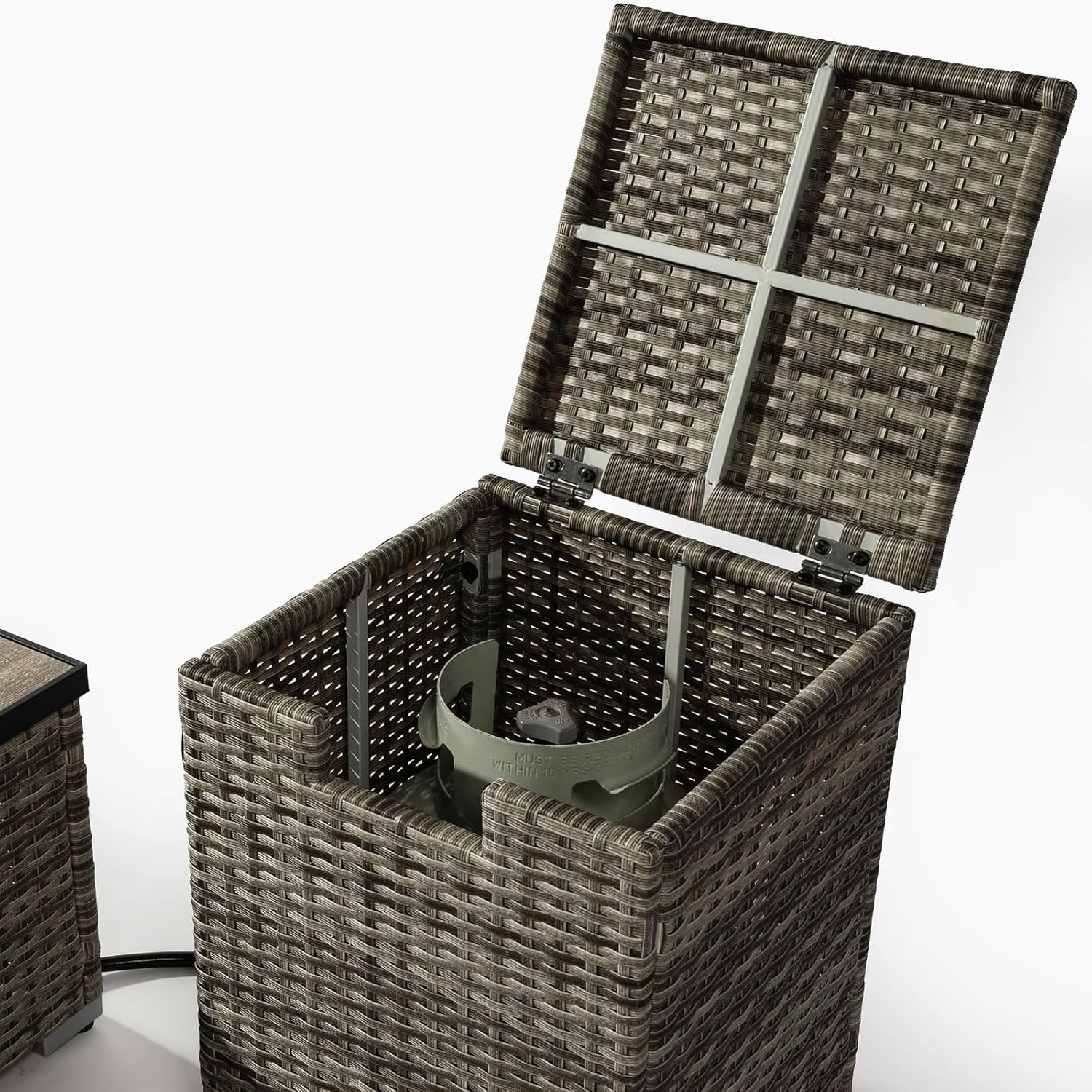 Penau Beige Rattan Fire Pit Table with Ceramic Tile Top and Tank Holder for Outdoor Use
