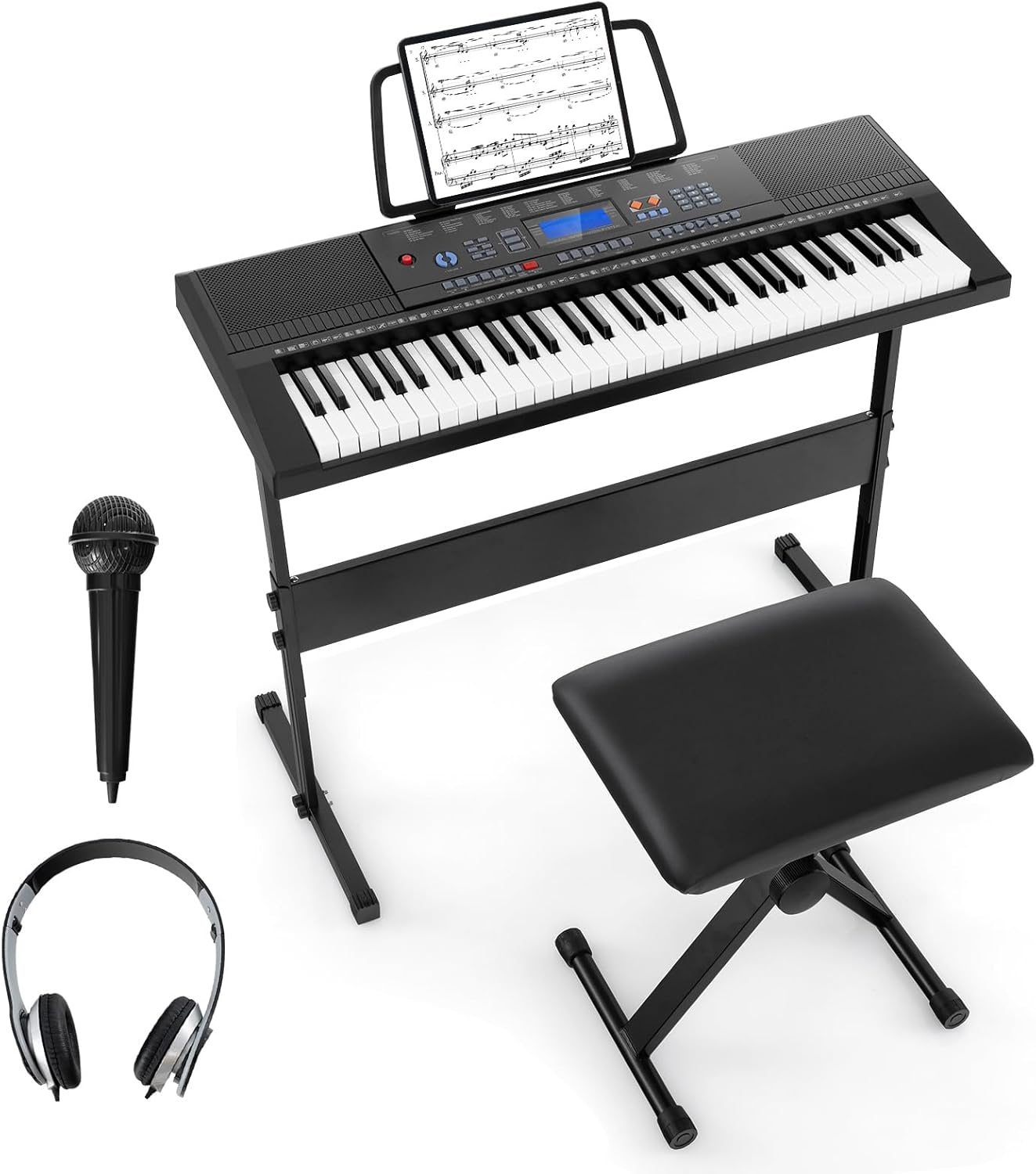 HONEY JOY 61 Key Keyboard Piano, Electric Piano Keyboard Kit with 300 Tones, 300 Rhythms, Piano Stand, Bench, Headphone/Microphone, Built-In Speakers, Keyboard Piano for Beginners, Black