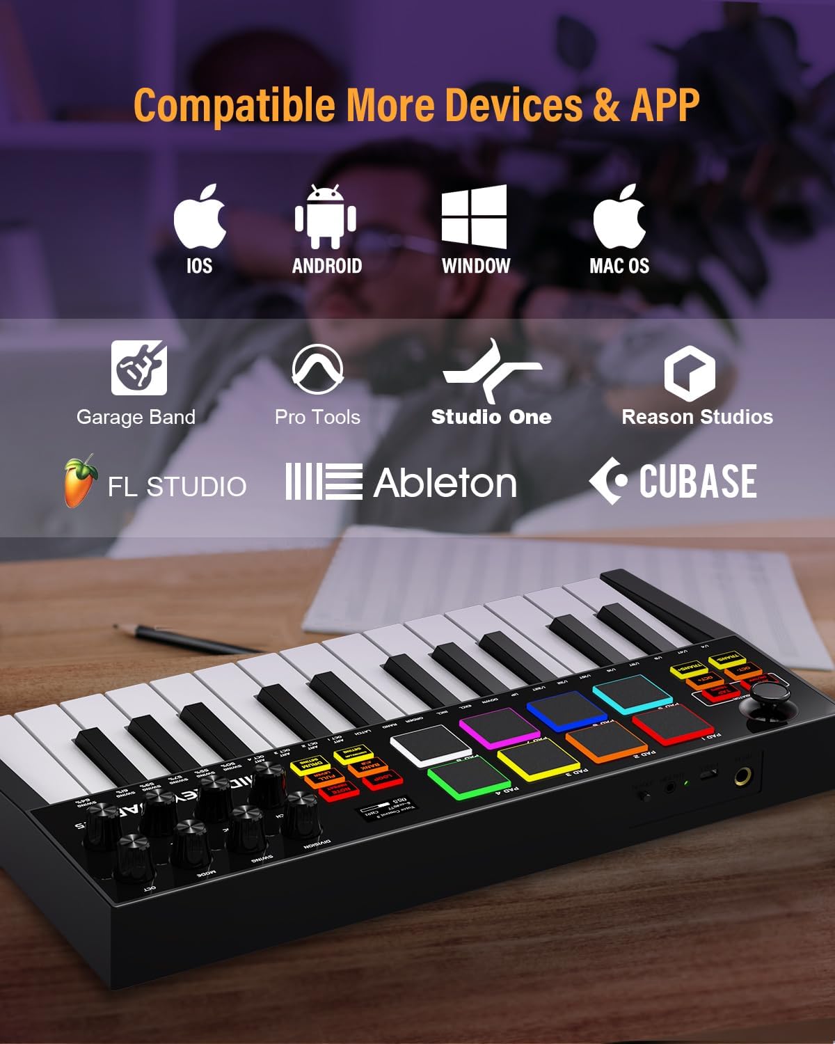 MIDI Keyboard Controller, 25 Key Rechargeable MIDI Keyboard with 8 Backlit Drum Pads, 8 Knobs, OLED Display, DAW Integration, MIDI Controller for Music Production