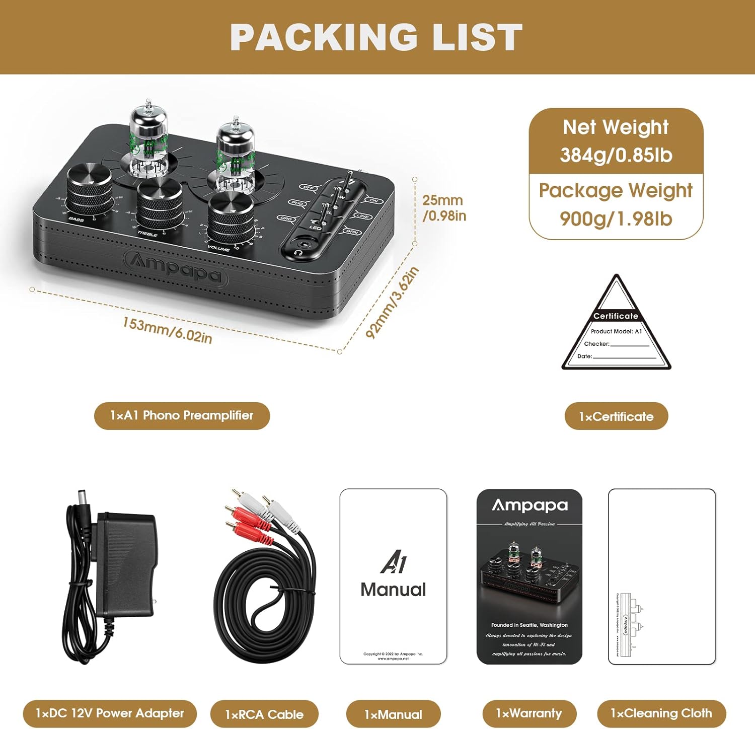 A1 Vacuum Tube Phono Preamp, Headphone Amp, Hi-Fi Audiophile Preamplifier for MM Turntable Record Player with Tone Control for Home Stereo Audio System