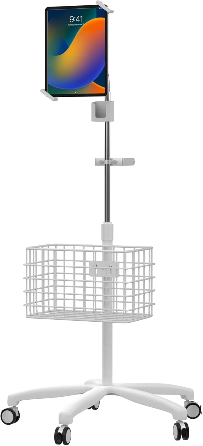 Medical Mobile Stand – CTA Heavy-Duty Medical Mobile Floor Stand & Accessories for iPad 7 – 9 Gen 10.2”, 12.9” Pro, 11”, Mini 5/6, Samsung A8 & Other 7-13-Inch Tablets - White (PAD-SHFSWAO)