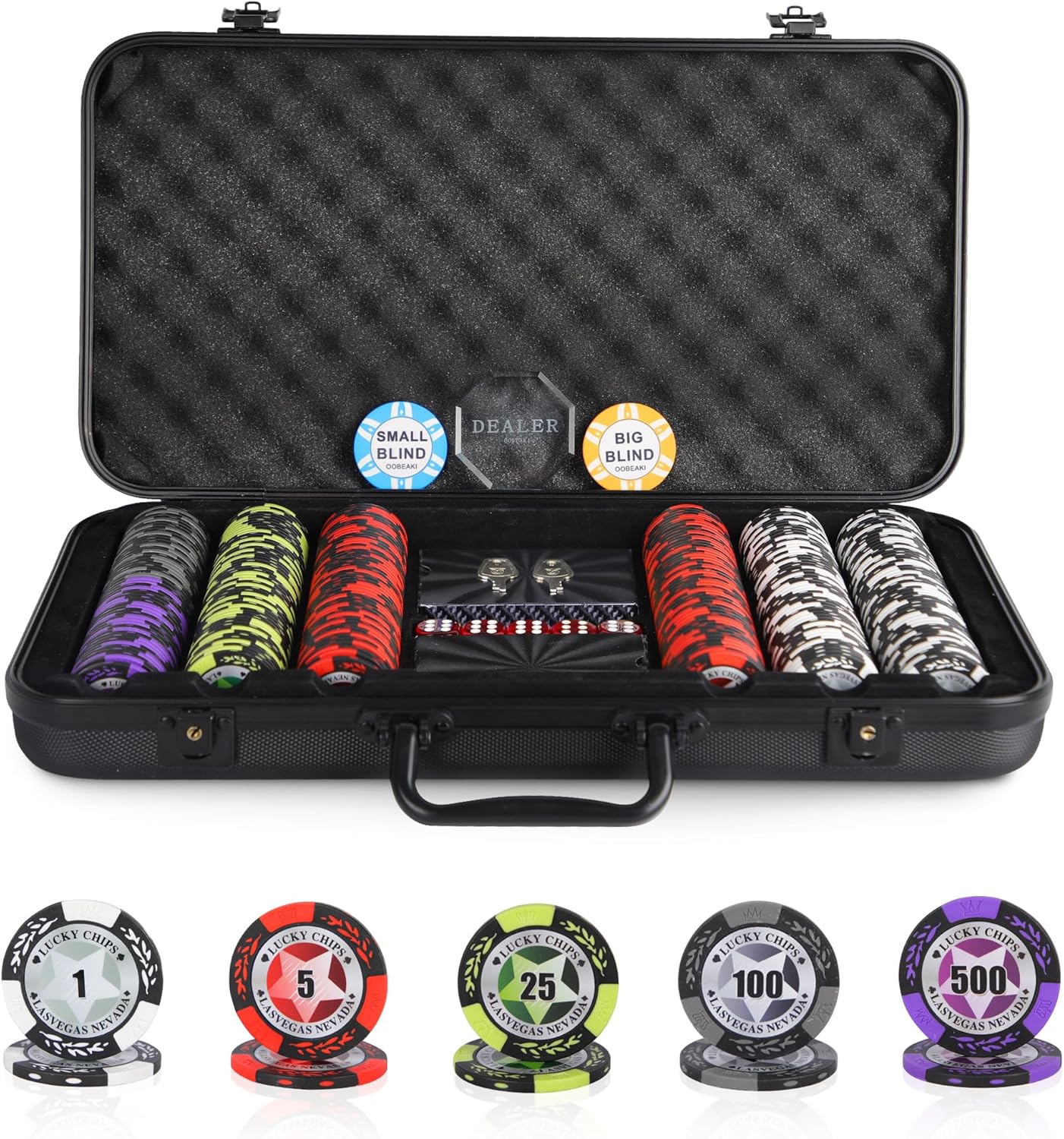 ORIENGEAR Poker Chip Set with Denominations, 300 PCS 14 Gram Clay Composite Casino Chips with ABS Case & 2 Decks of Plastic Cards, for Texas Holdem Blackjack Gambling Games