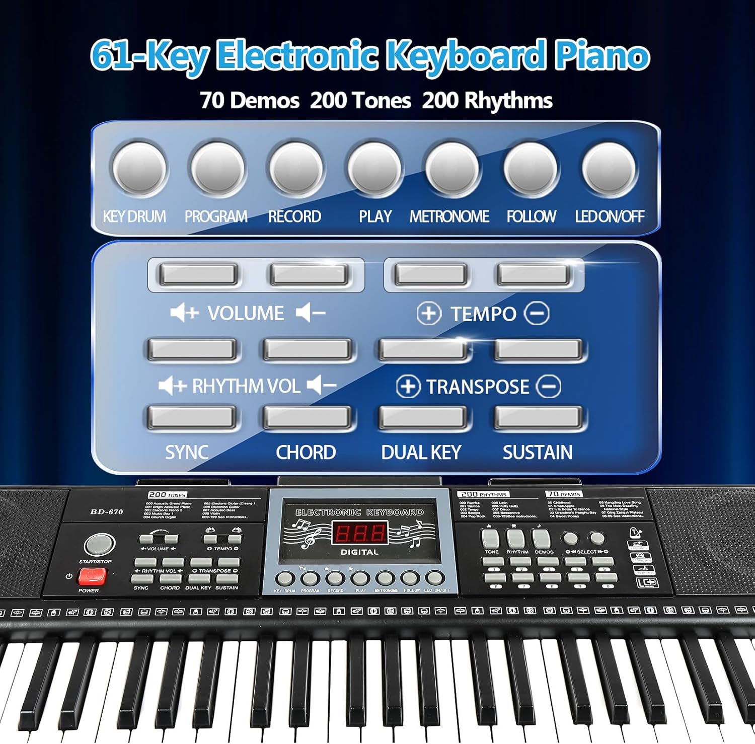 61 Key Keyboard Piano for Beginners w/Stand Bench, Dual Power Mode, Lighted Keys in Follow Mode, 70 Demos, 200 Tones/Rhythms, Pitch Bend Metronome Sustain Sync Chord Dual Key Key Drum Program