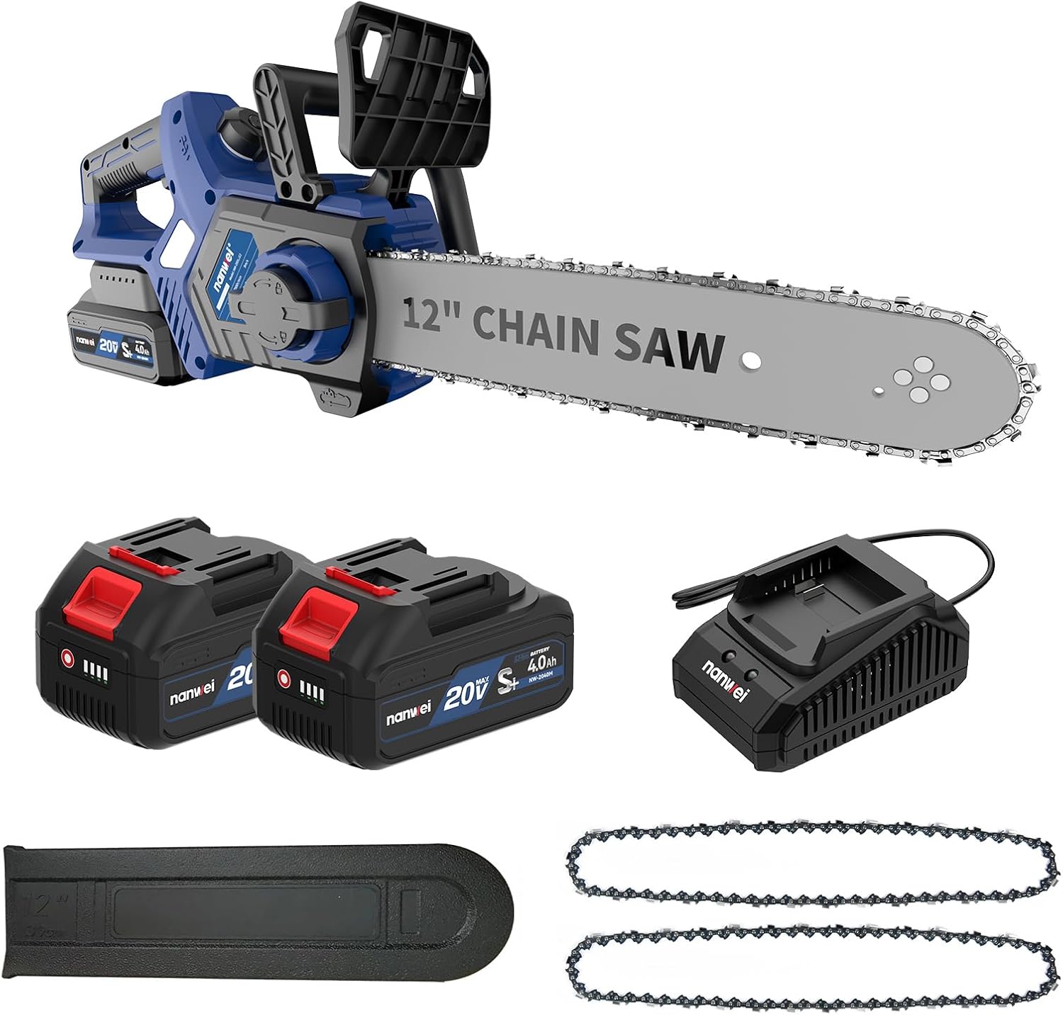 NANWEI 12 Inch Mini Electric Chainsaw Cordless With 2x4.0A 20V Batteries and 2 Chains,Battery Powered Chainsaw For Wood，Tree Cutting (With Batteries)