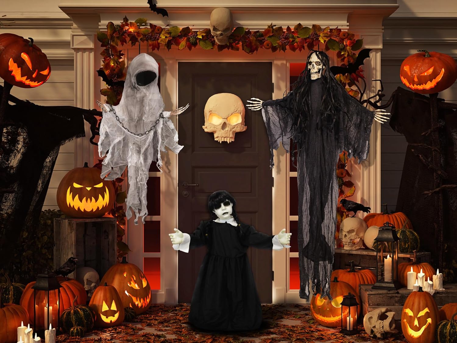 Treasure Gurus Scary Swaying Pigtails Girl Ghost Animatronics LED Light Up Eyes Spooky Sounds Haunted House Prop Halloween Party Decorations