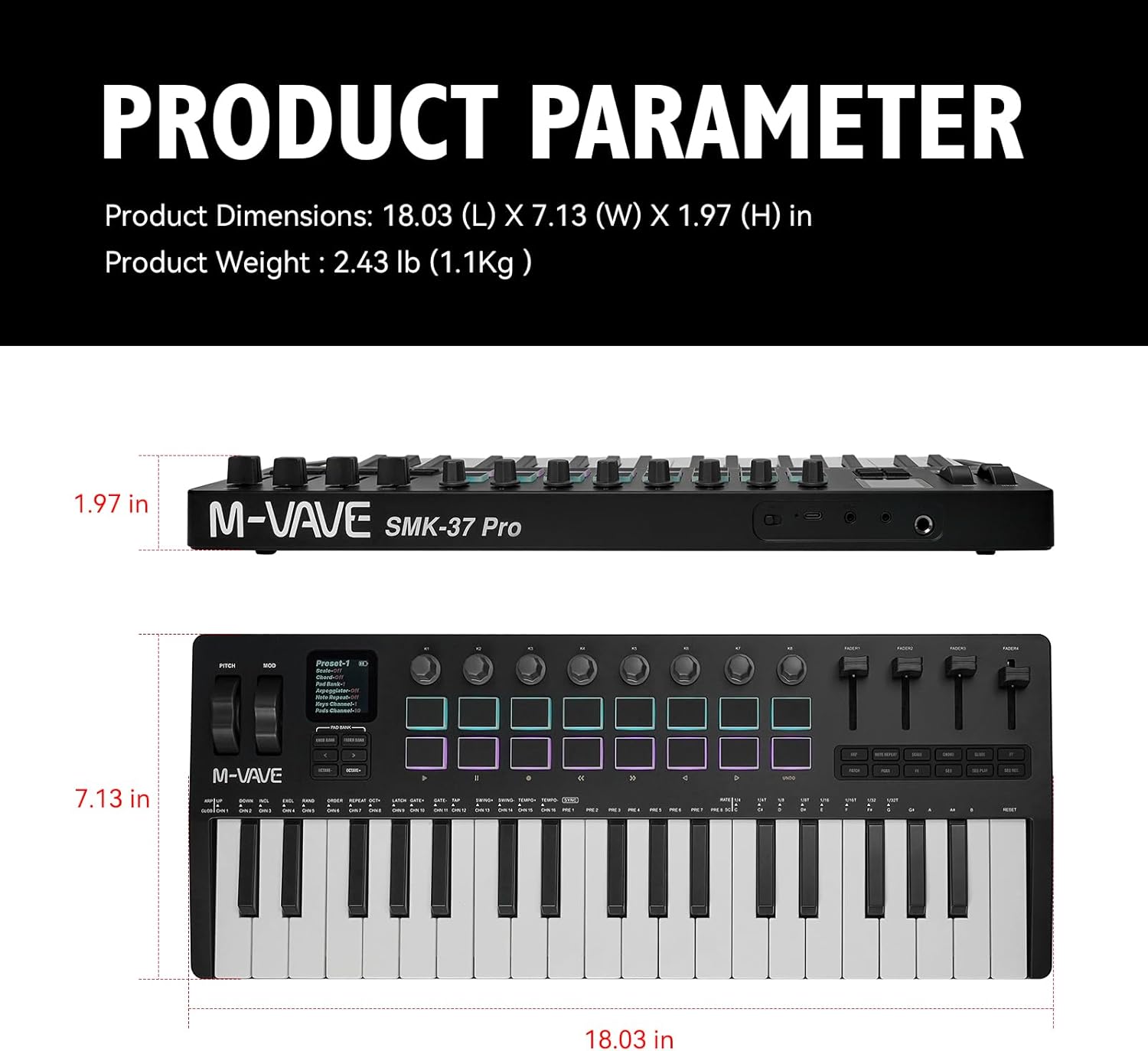 M-VAVE MIDI Keyboard Controller 37-Key 16 Backlit Drum MPC Pads, 8 Knobs，DAW Integration Arpeggiator DAW Software USB/Wireless Connection Professional Music Production Display Screen