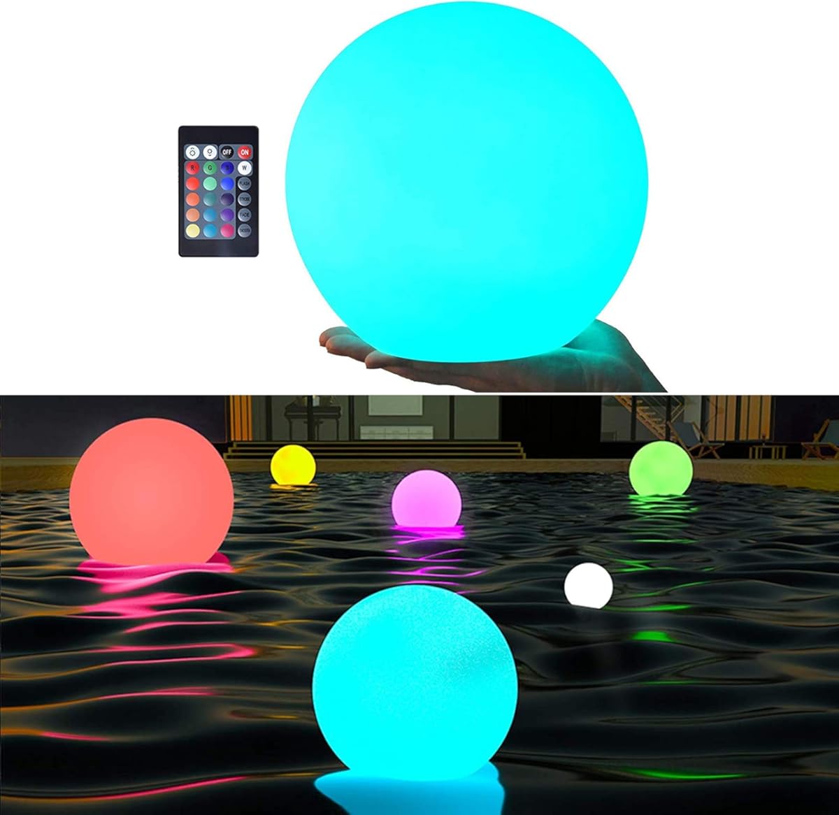 LOFTEK LED Night Light Ball, 8-inch Dimmable Globe Light with Remote（1P）+6-inch LED Portable Dimmable Floating Pool Lights Ball, Cordless with Remote, 16 RGB Colors & 4 Modes (1 P)