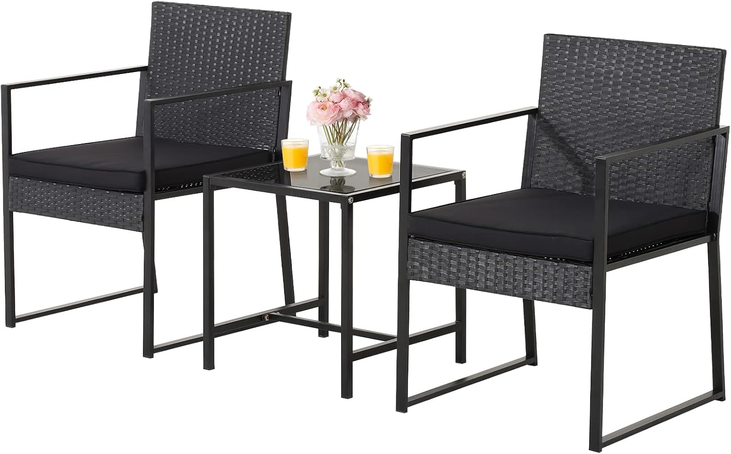 HAPPYGRILL 3 Pieces Patio Furniture Set Outdoor Rattan Wicker Conversation Set, Bistro Chairs with Tempered Glass Coffee Table & Soft Cushions Set for Backyard Garden Poolside