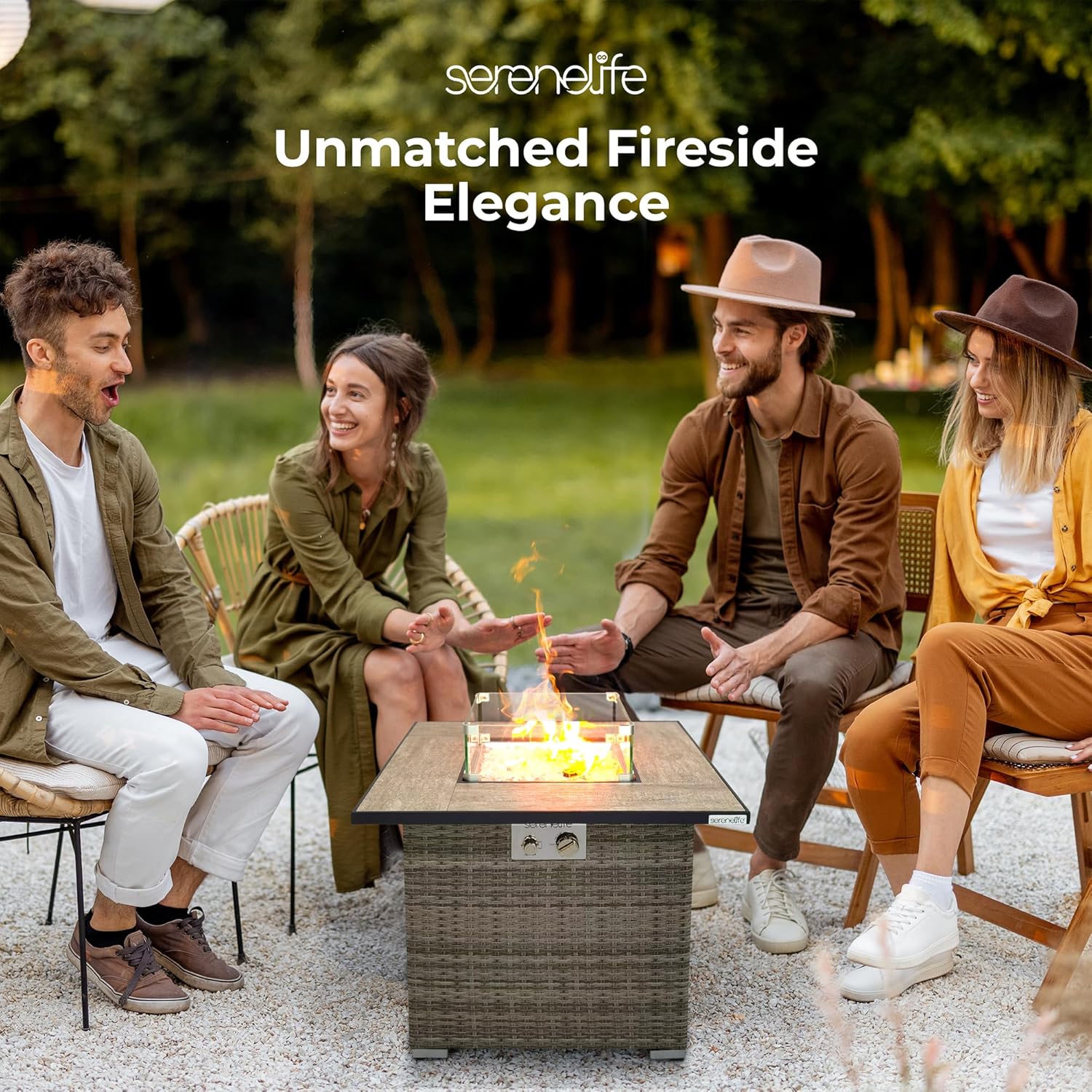 SereneLife Tabletop Propane Firepit, 30” Square Base Fire Table with Tile Tabletop & Clear Glass Rocks, 50,000 BTU, Stainless Steel Burner, Tempered Glass Wind Guard, Weather Resistant, 30”x30”x24”