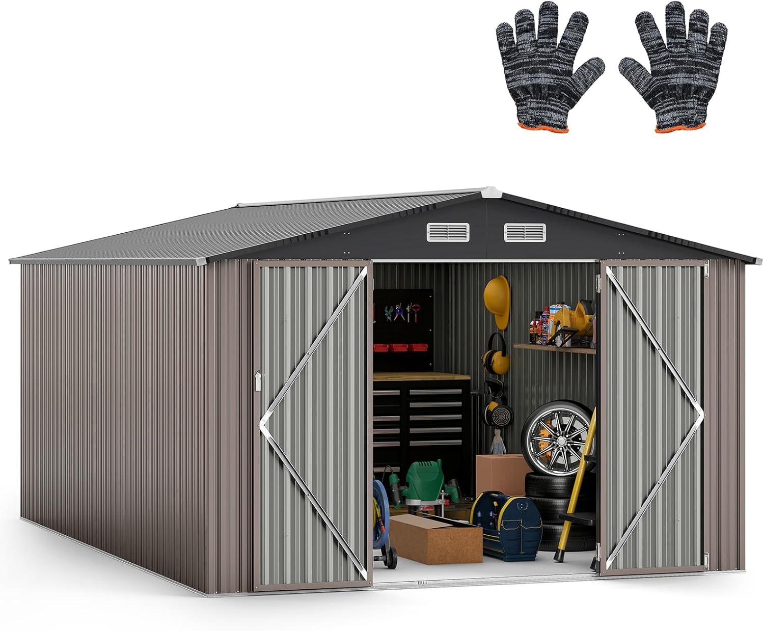 Goplus 10 x 14 FT Outdoor Storage Shed, Large Garden Tool House w/Improved Windproof Metal Structure, 4 Vents, Lockable Door, Waterproof Utility Tool Organizer for Backyard, Lawn, Patio