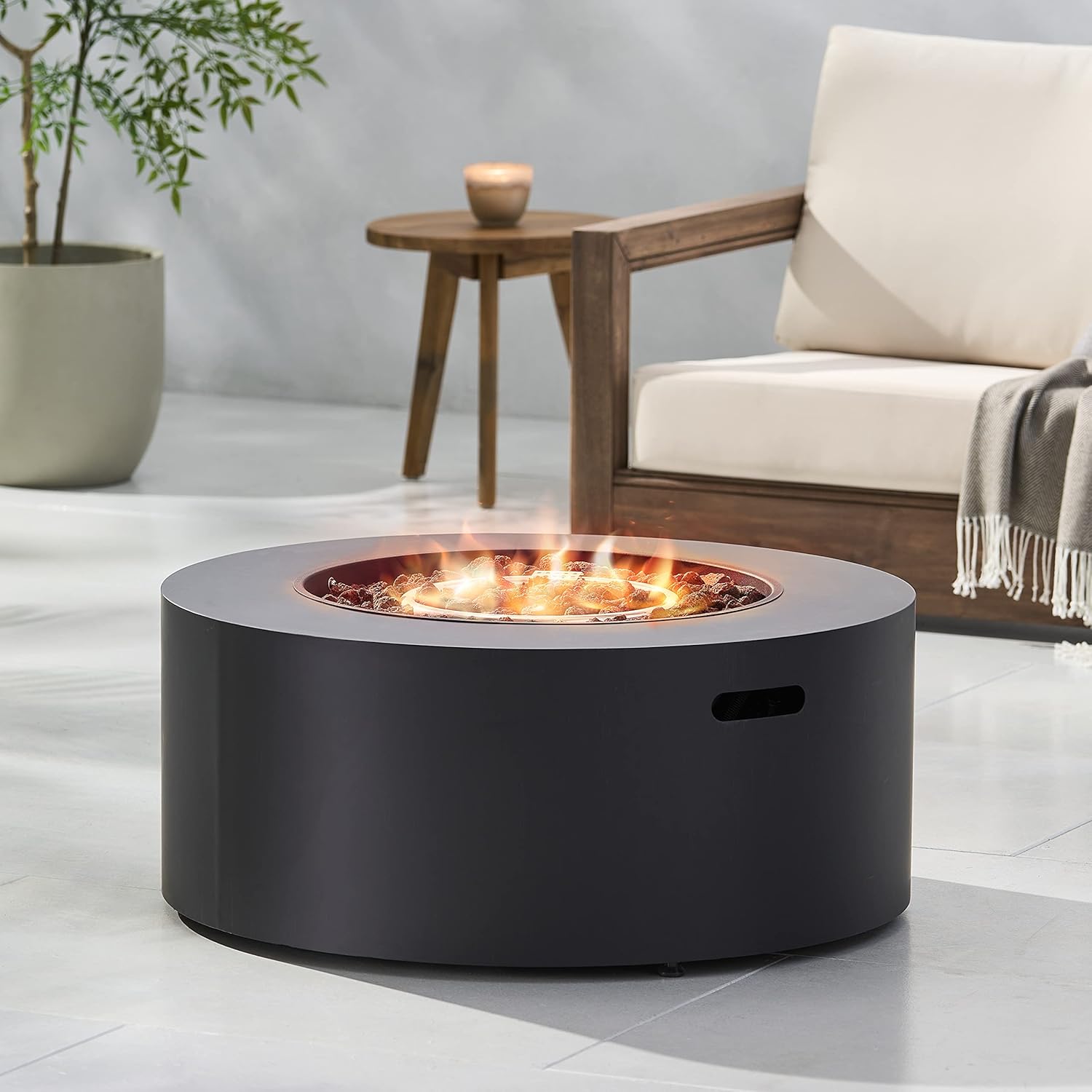 Roomfitters Round Outdoor Fire Pit Table with Modern Iron Design, Stylish Patio Accent for Gatherings, Dark Gray