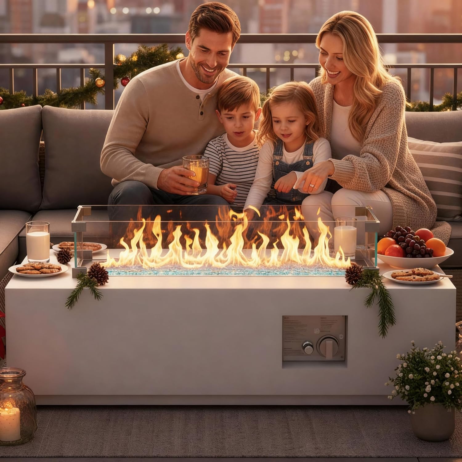 RADIATA 42” Rectangle Propane/Natural Gas Fire Pit for Outside Patio, Elegant Minimalist Lowprofile Firepit Table with Tank Table Long Large, 50000BTU Durable Sturdy Fireplace for Outside, Urban White