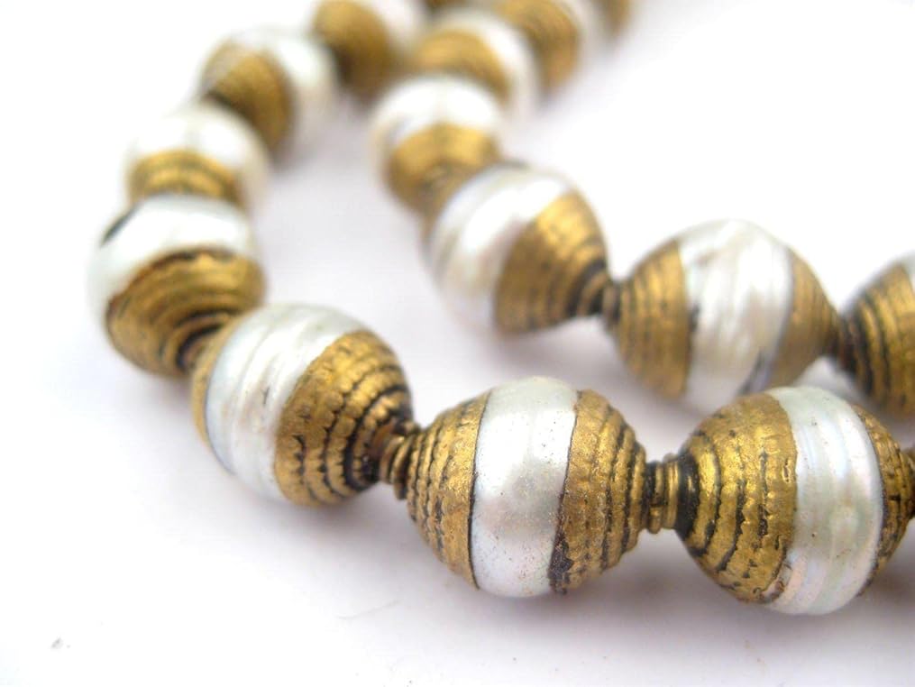 The Bead Chest Capped Pearl with Brass Gemstone Beads, Full Strand of Round Nepalese Stone Beads, Great for DIY Jewelry Necklace & Bracelet Making