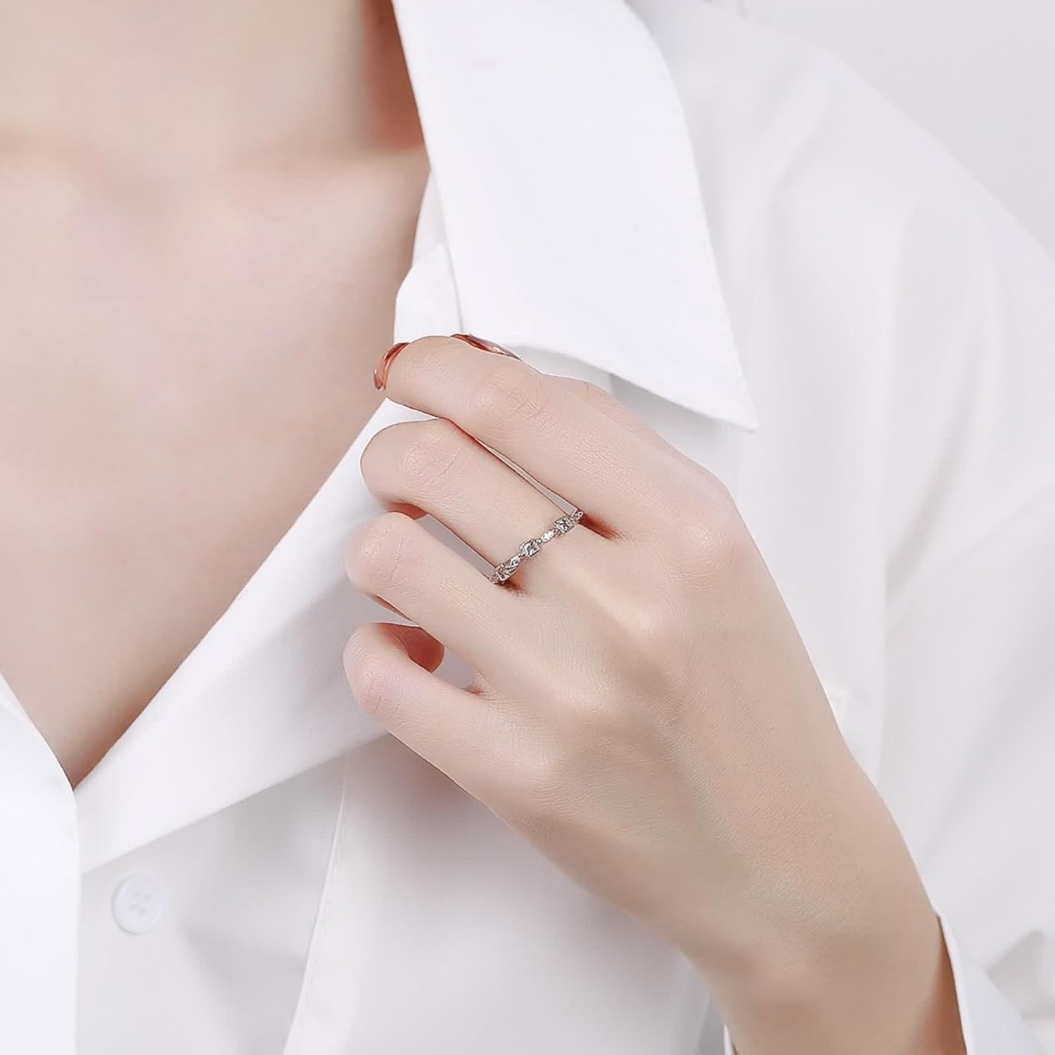 18K White Gold Engagement Ring, Women's Rings Lab Diamond Narrow Silver Jewelry Gift for Wife