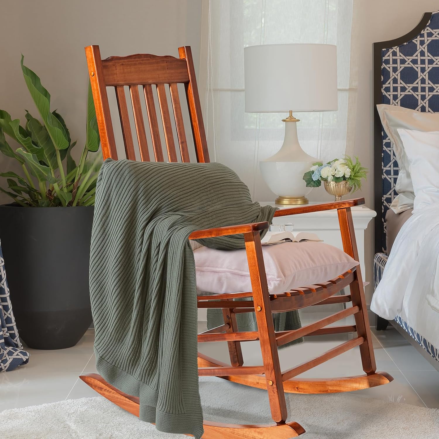 Outvita Outdoor Rocking Chair, Solid Wood High Back Rocker, All Weather Lounge Chair for Porch Patio Fire Pit Garden Backyard Deck Indoor, Wave Shape, Natural