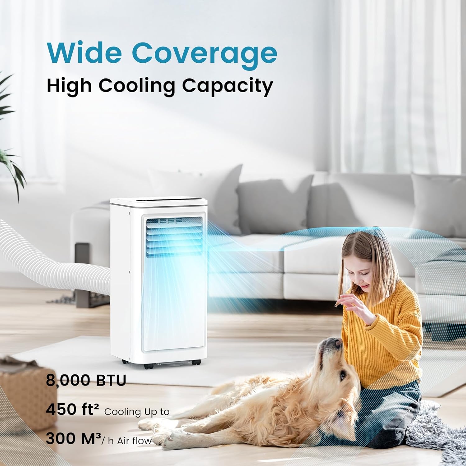 COWSAR 8000 BTU Portable Air Conditioners, Portable AC Cool up to 350 Sq.Ft, 4 Modes Room Air Conditioner with Remote/LED Display/24Hrs Timer/360° Wheels/Installation Kits, Ideal for Home/Office