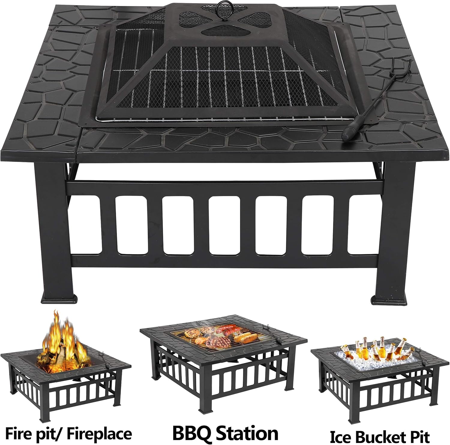 32 in Outdoor Fire Pit for Outside Wood Burning Bonfire Patio BBQ Camping Picnic Bronze Outdoor, Table Top Fire Bowl Garden Stove with Spark Screen & Waterproof Cover