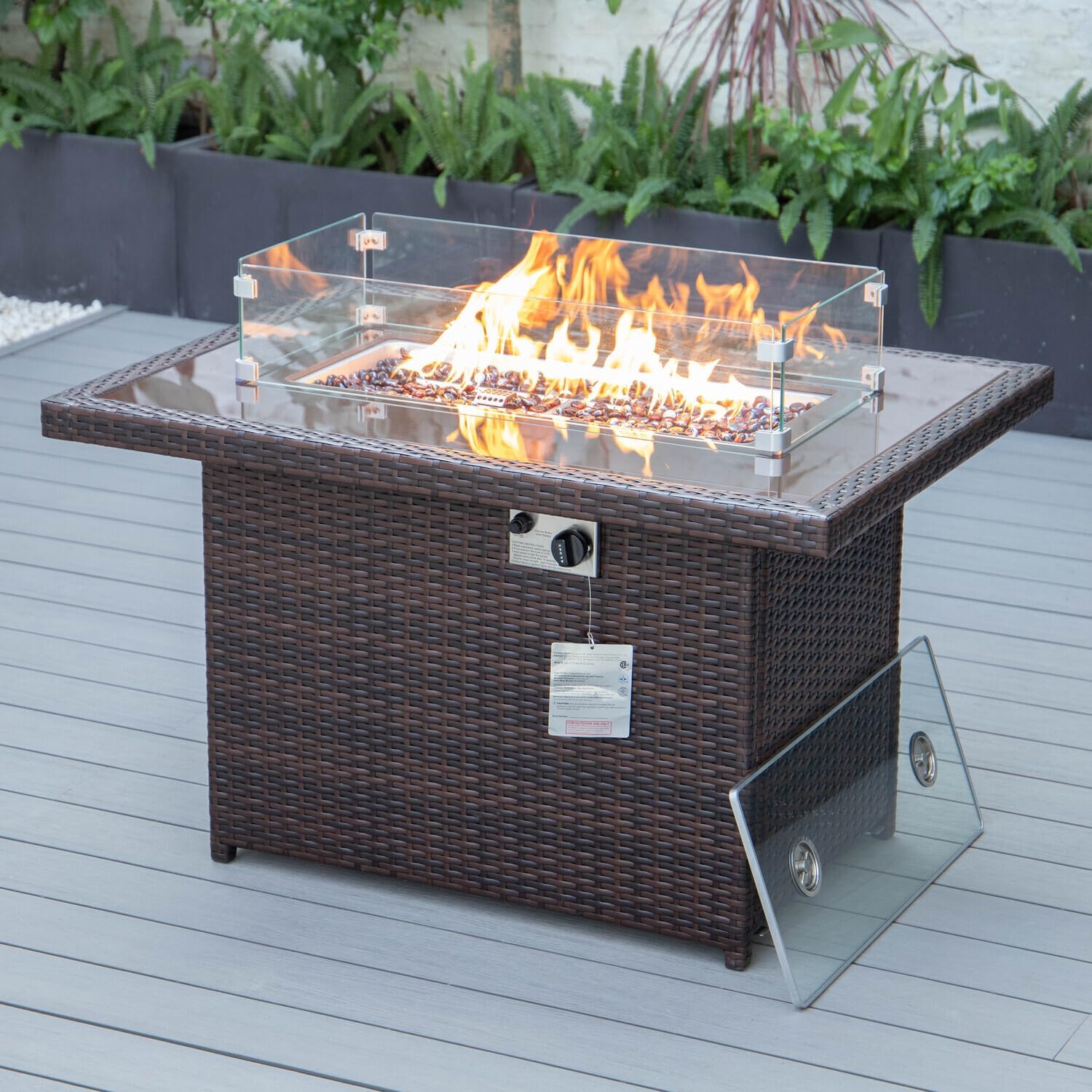 Vintage Vogue Wicker Patio Modern Propane Fire Pit Table 44x44x24-55,000 BTU, Tempered Glass Shield, Adjustable Flame