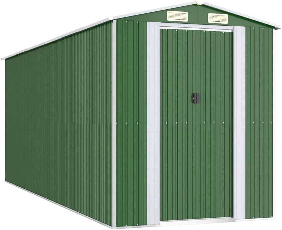 vidaXL Galvanized Steel Garden Shed - Large Outdoor Storage House with Double Sliding Doors - Green