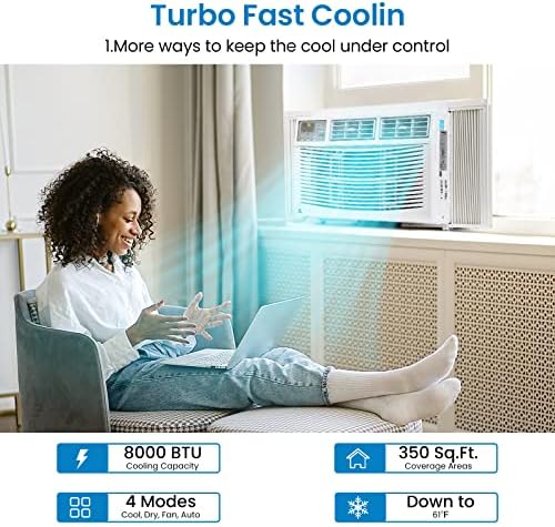 8000 BTU Window Air Conditioner with WiFi, Window AC Unit Cools Up to 350 Sq. Ft with Cooling, Dehumidifier, 3 Fan Speed, Energy Saving with Remote & App Control & Timer Function, Perfect for Room