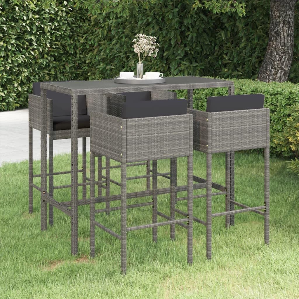 5 Piece Patio Bar Set with Cushions Poly Rattan Gray,Versatile Outdoor Garden Bar Set: Durable Rattan and Glass for Comfort and Style Furniture Sets for Patio, Lawn & Garden