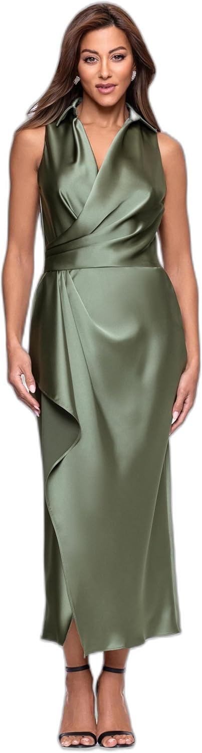 Betsy & Adam Womens Midi Satin Collared Top Dress